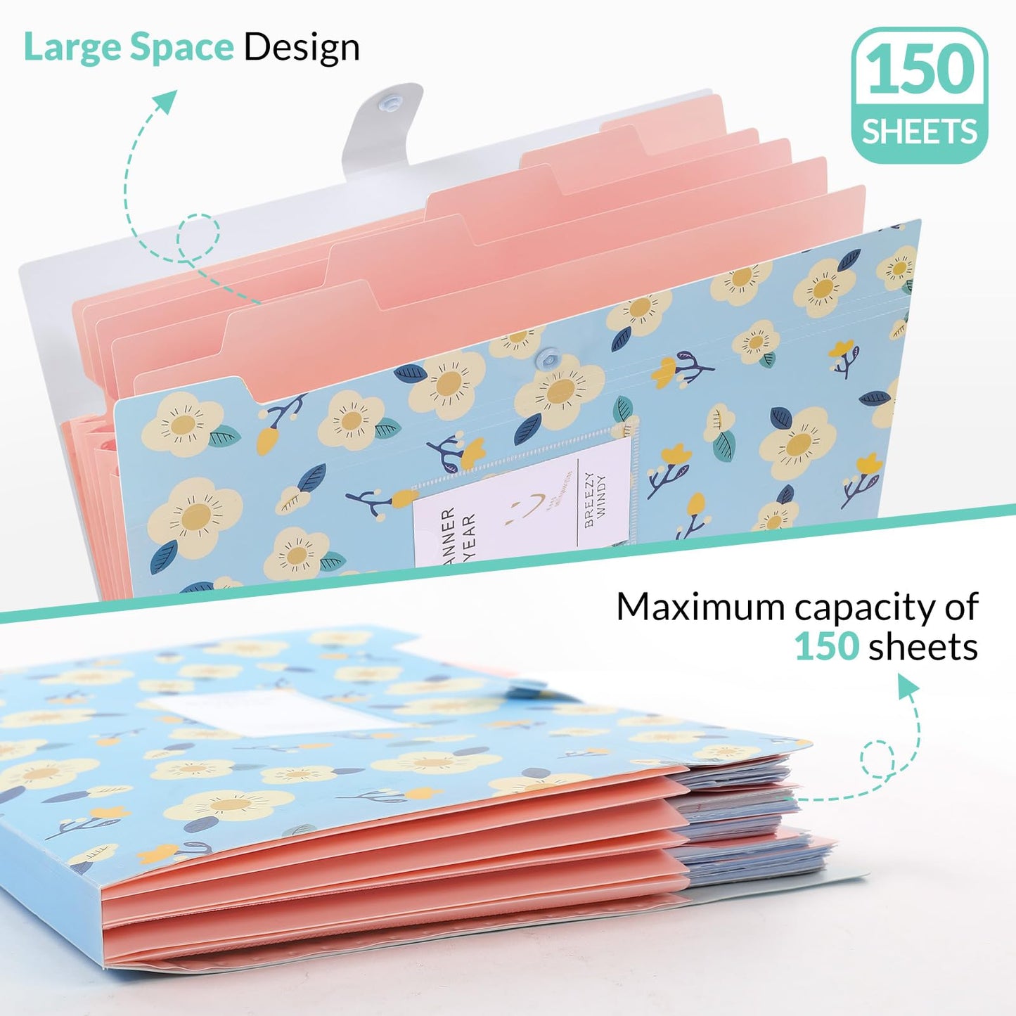 KONVINIT document folder a4, accordion folder with 6 pockets floral/flower document folder organizer paper organizer removable aesthetic school supplies, 4 pieces.