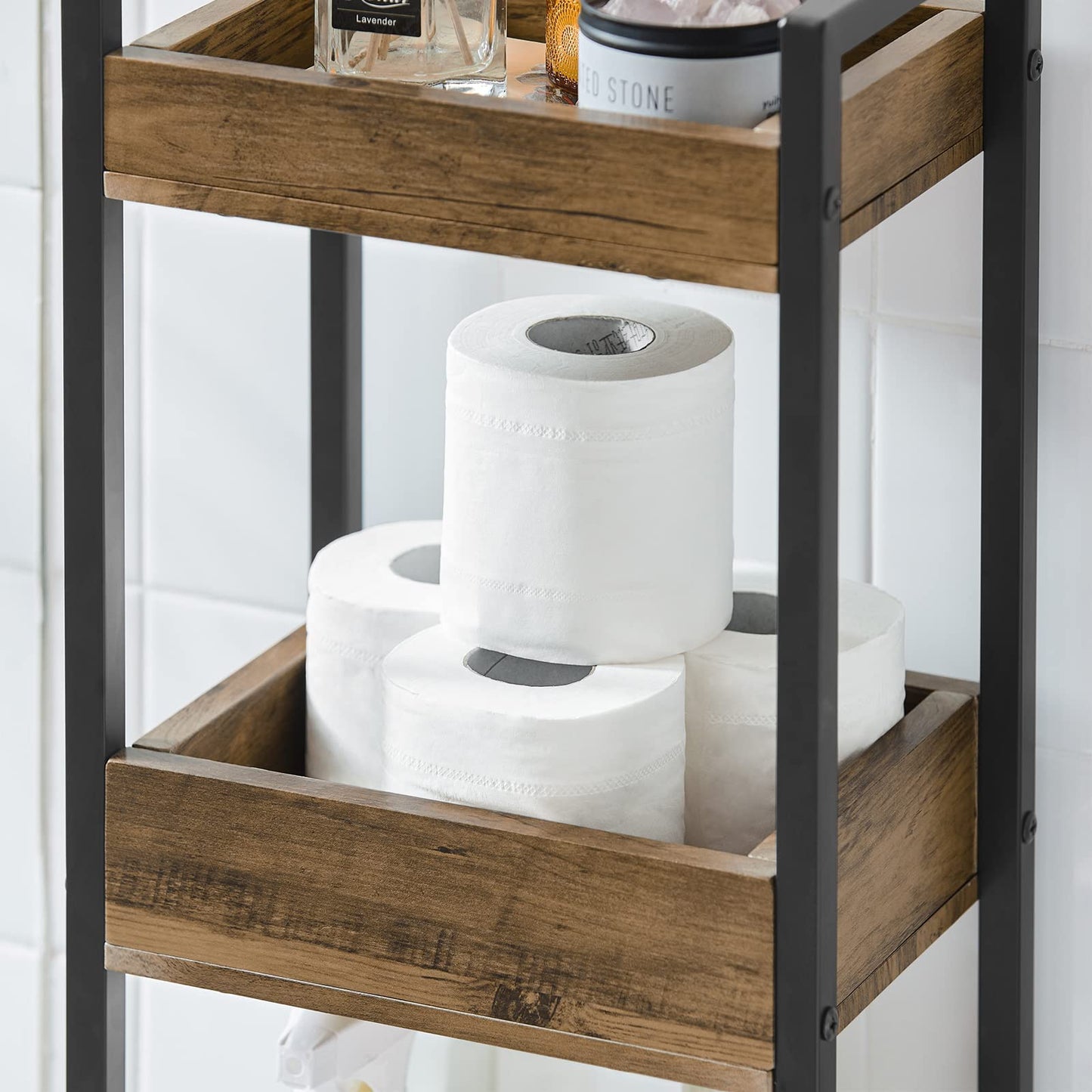 SoBuy bathroom cabinet with 3 sturdy shelves, narrow MDF bathroom cabinet, bathroom furniture commode up to 30kg capacity, freestanding wood-colored bathroom shelf for small bathrooms 28x20x74cm FRG226-F