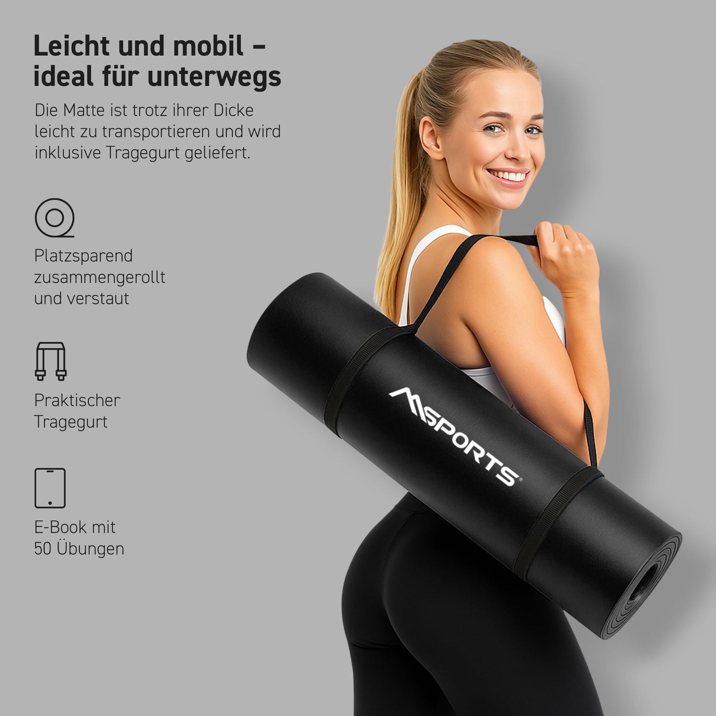 MSPORTS Yoga Mat Premium including carrying strap + exercise poster + workout app | Skin-friendly fitness mat 190 x 100 x 1.5 cm - Black Matte - Phthalate-free yoga mat