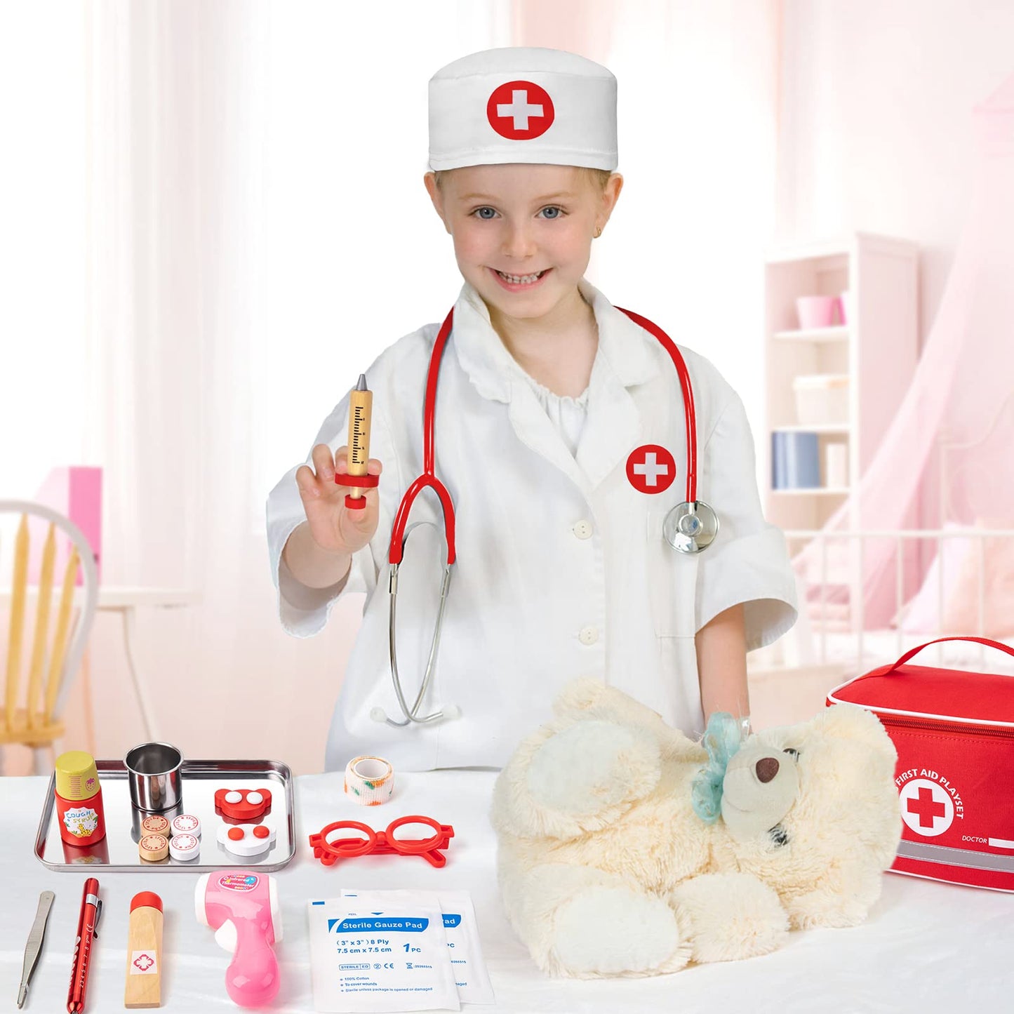 EFO SHM Doctor's Kit for Kids, 34-piece wooden doctor's kit with stethoscope, thermometer, syringe, doctor's bag, and lab coat - Gift for children role-playing toy for ages 3 years and up.