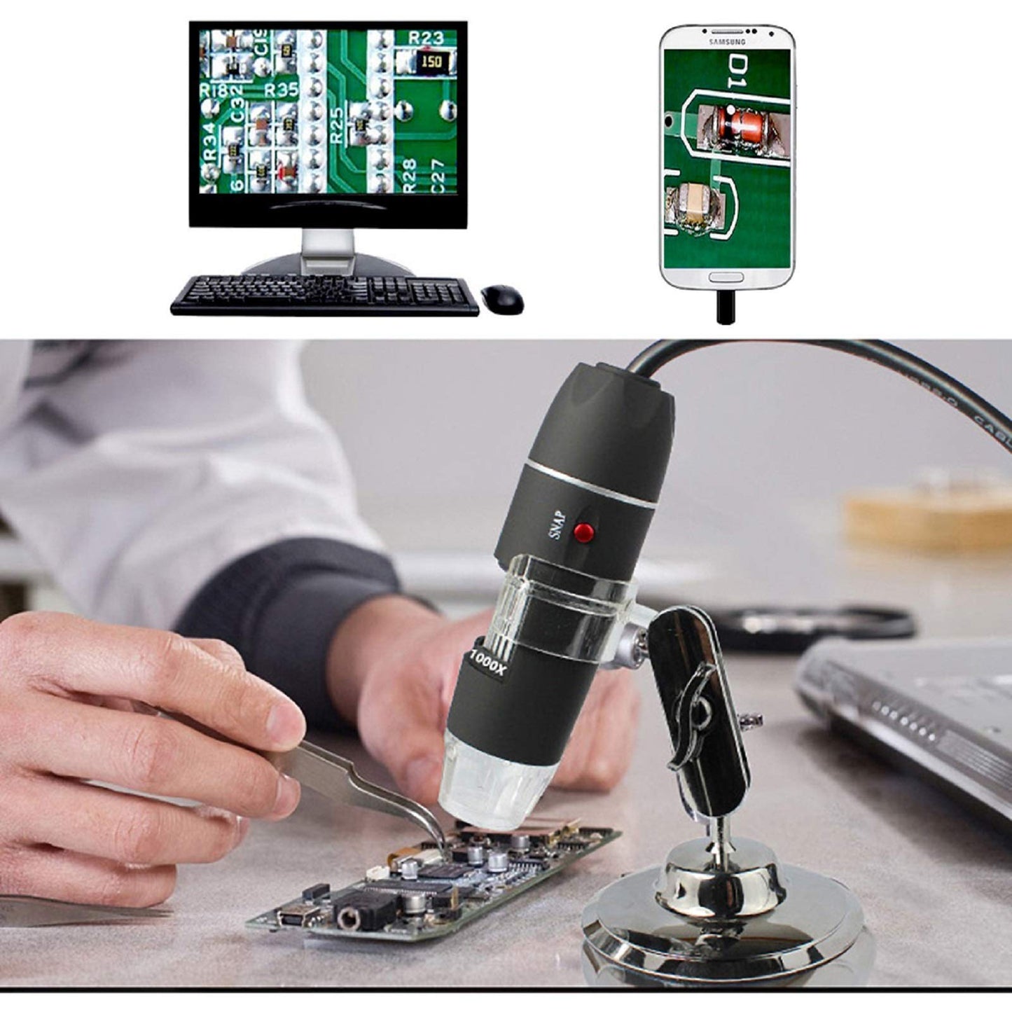 USB Digital Microscope 40X to 1000X, Bysameyee 8 LED Magnification Endoscope Camera with Carrying Case and Metal Stand, compatible for Android Windows 7 8 10 Linux Mac