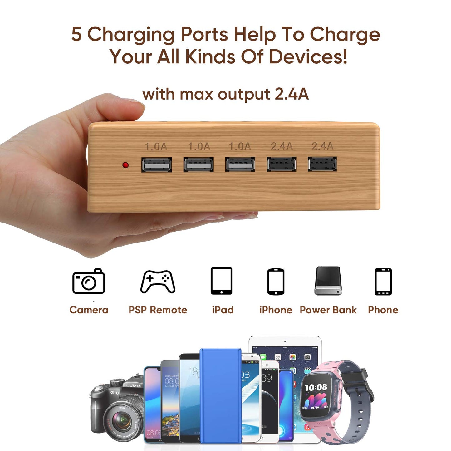 Alltripal charging station Multiple bamboo devices with 5 USB ports charger Multiple mobile phone charging station USB Multiple