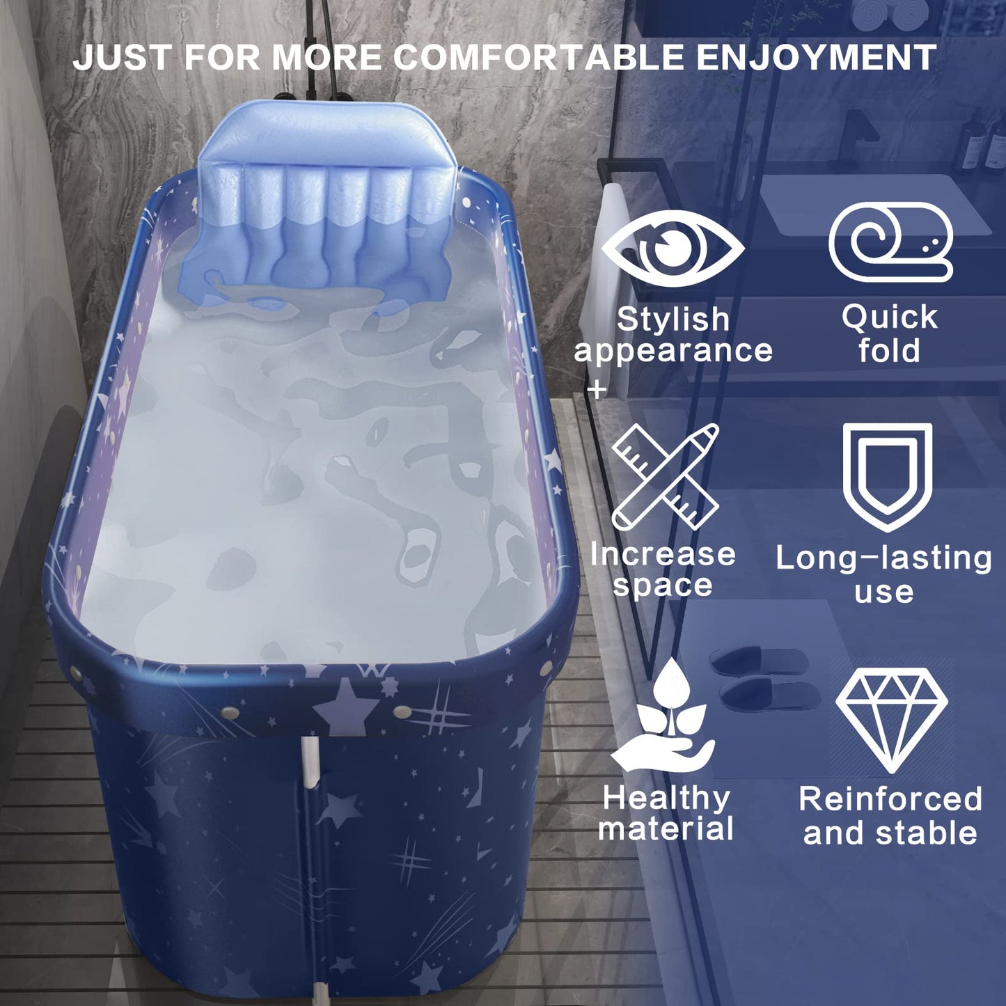 Adoture Folding Bathtub for Adults, Portable Plastic Bath Tub for Kids, Mobile Spa Bathtubs for Adults with Drain and Backrest, and 10 Bath Pockets