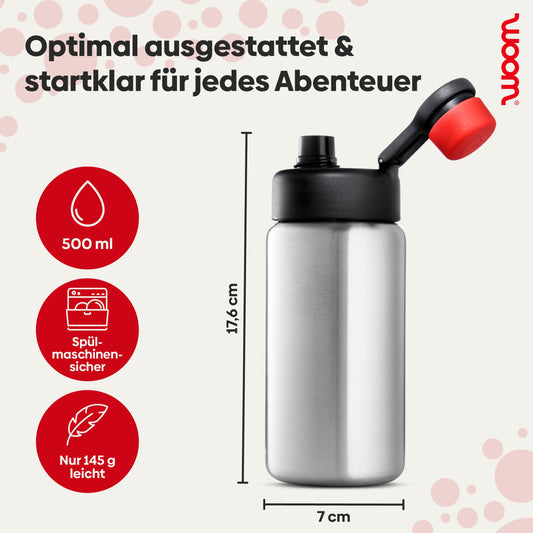 woom GLUG stainless steel bottle with bottle holder, 500ml capacity, spill-proof, designed for kids' bikes, in silver with logo.