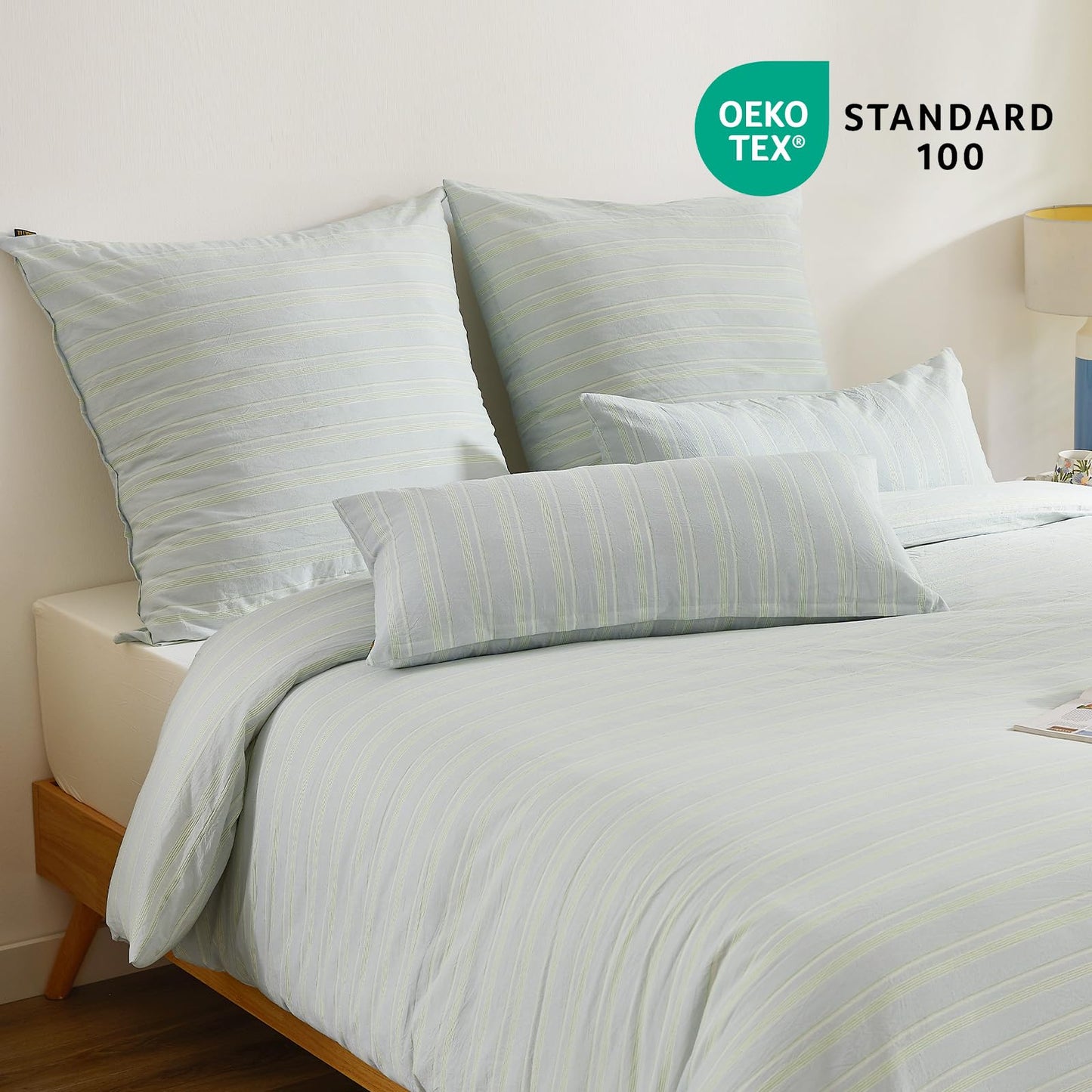 SOULFUL bedding set 135x200 made of striped cotton, 100% washed cotton, light green color, ÖKOTEX certified. Includes 1 duvet cover 135x200 and 1 pillowcase 80x80.