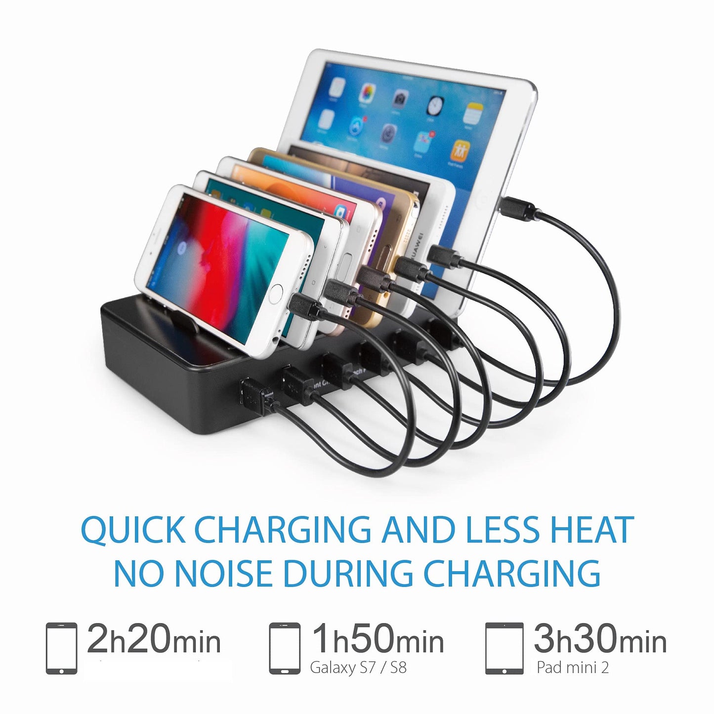 TechDot Mobile USB Charging Station Charging Station Multiple Devices 6 Port USB Multi Charging Station for Mobile Phones Smartphones Tablets (with 3 Micro USB Cables and 3 USB C Cables, Black)