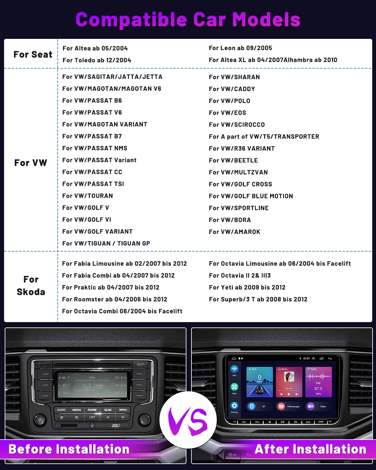 2+64GB DAB/DAB+ Android 15 Car Stereo with Navigation for VW Golf Polo Passat Skoda Seat - 9" Touchscreen, Wireless Carplay, Android Auto, Bluetooth, RDS FM GPS WiFi HiFi SWC, Rearview Camera