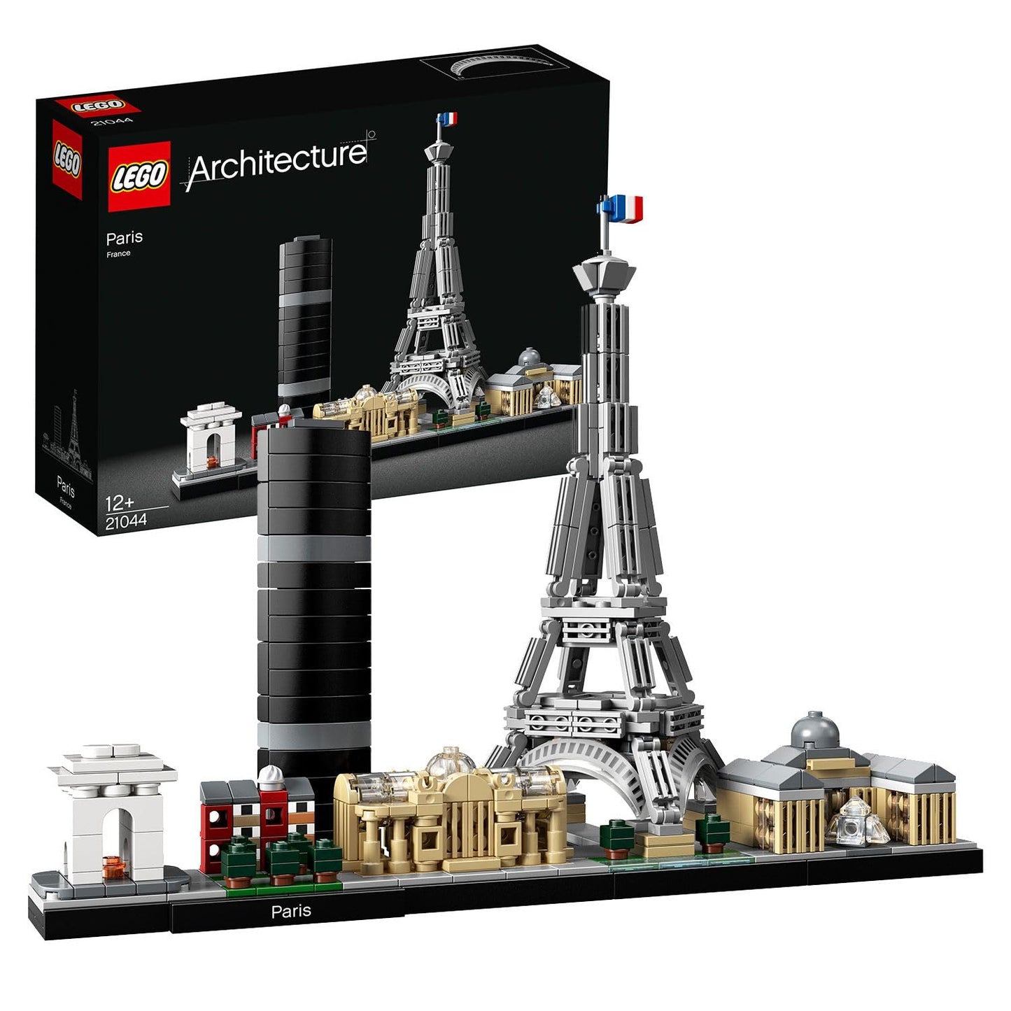 LEGO Architecture Paris, model kit featuring Eiffel Tower, Champs-Élysées, and Louvre model. Skyline collection for home or office decor. Great gift idea for collectors, men, and women. Item number 21044.