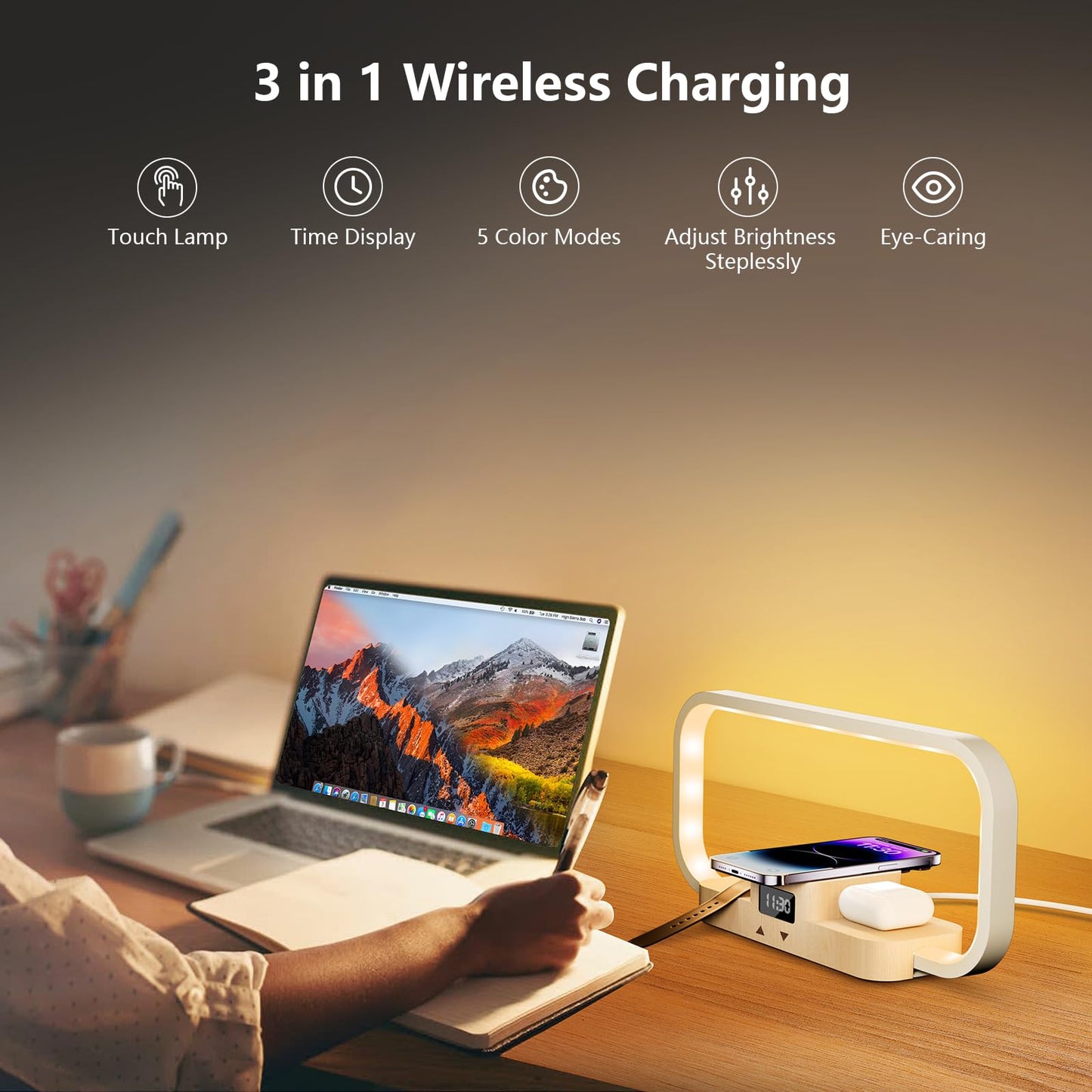 Bedside lamp with charging function, LED table lamp with touch control, stepless dimming and 5 color modes. 3-in-1 inductive charging station with wireless charger for iPhone/AirPods/iWatch (adapter included).