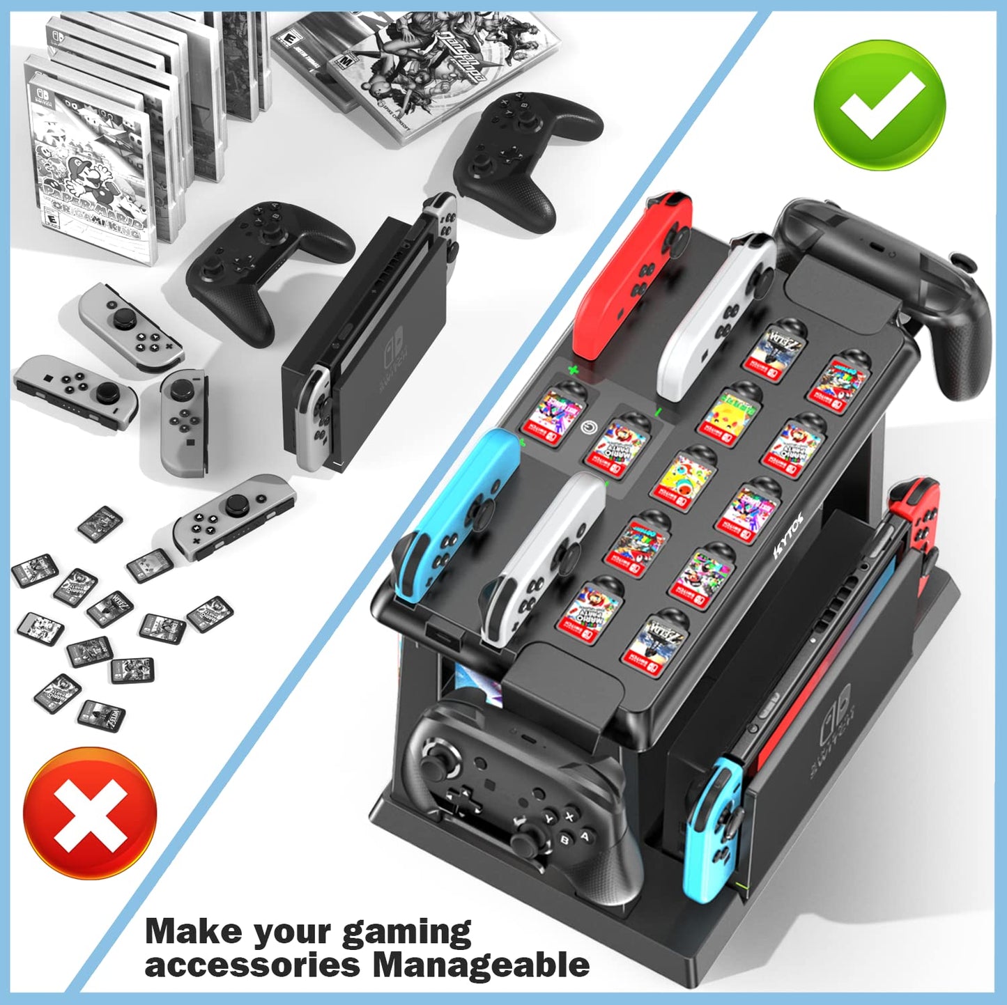 Kytok Switch game storage with Switch controller charging dock, suitable for Switch/OLED Joycons. Store Switch games, TV dock, Pro controller, and other Switch accessories.