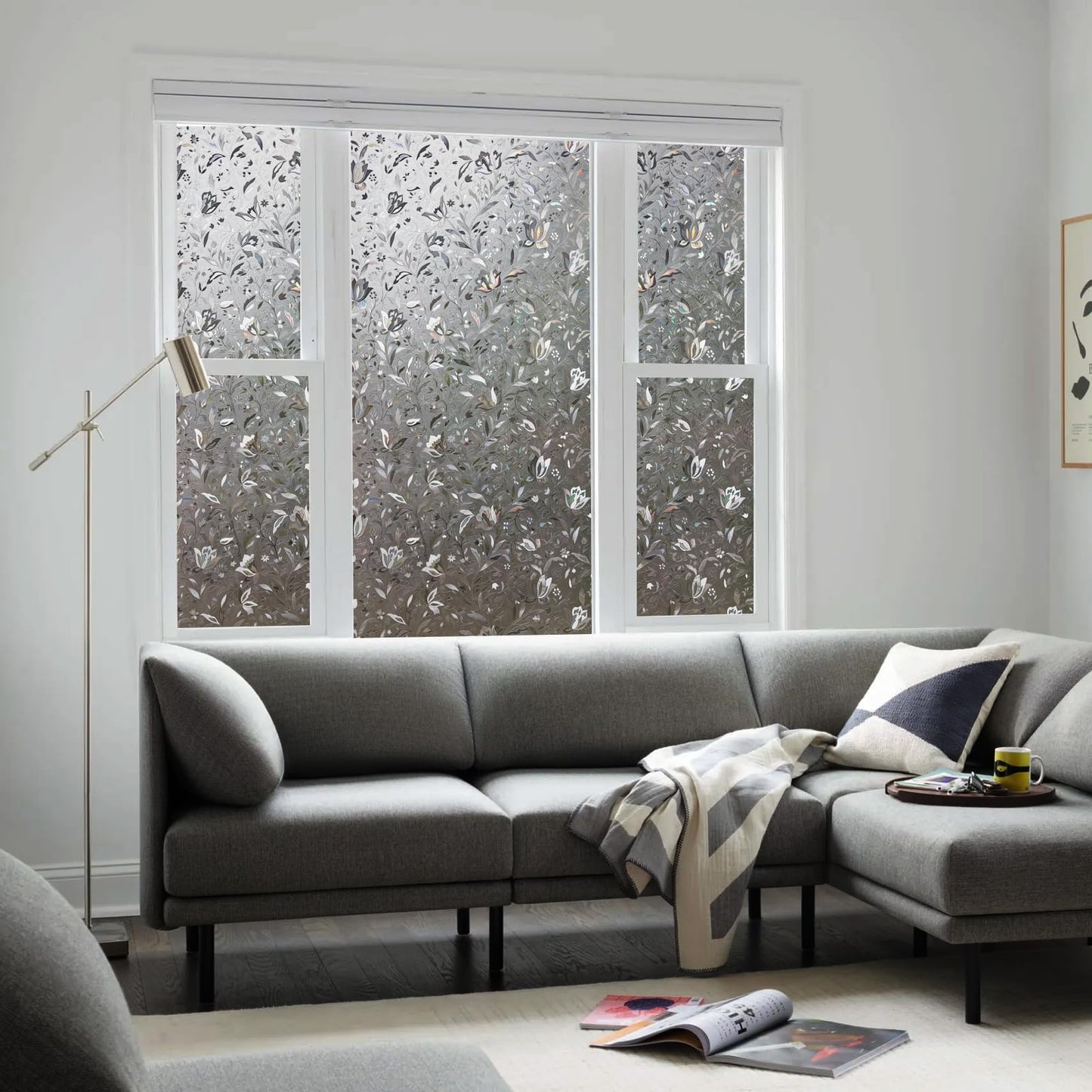 LEMON CLOUD Rainbow Static Cling Window Film, Privacy Window Film, Anti-UV Sun Protection Film for Living Room, Grayblack Tulip - 90x400cm