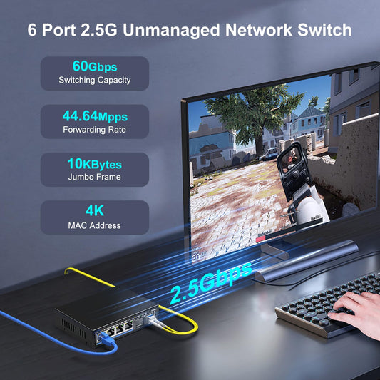 6 Port 2.5G Unmanaged Network Switch, VIMIN 4X 2.5Gbase-T Ports, 2X 10G SFP+ Port, 60Gbps Switching Capacity, IEEE802.3, Metal Housing, Fanless, suitable for 2.5Gbps NAS, Wireless AP & PC.