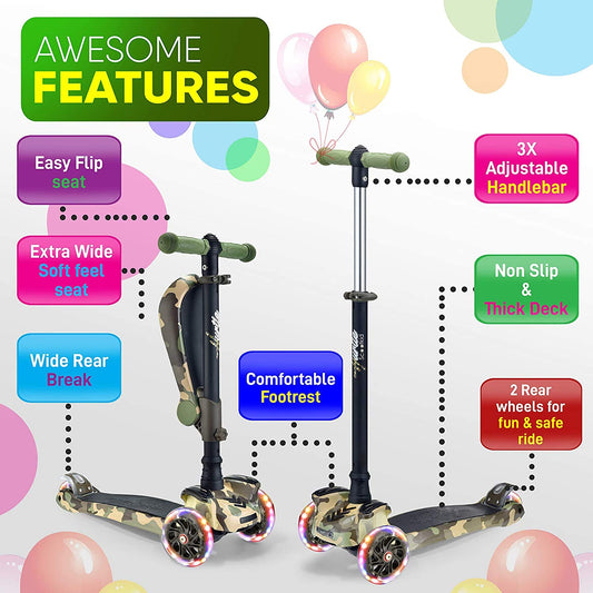 3-wheel scooter for kids - standing and cruising children's toy scooter with adjustable height, non-slip platform, flashing wheel lights, for boys/girls aged 2-12 years - Hurtle