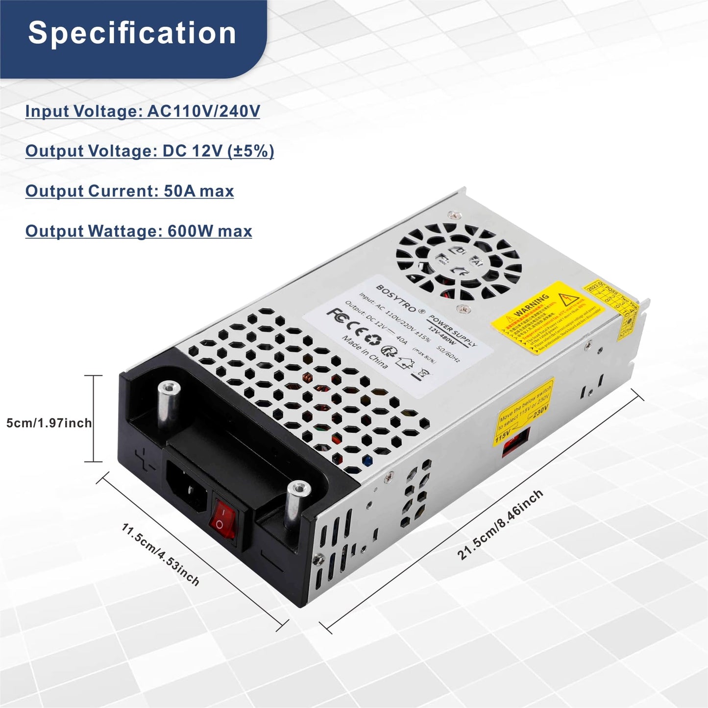 BOSYTRO Switching Power Supply 12V 50A 600W Transformer Power Supply Transformer 230V to 12V Power Supply SMPS for LED strips, CCTV, radio, camera, laboratory power supply.