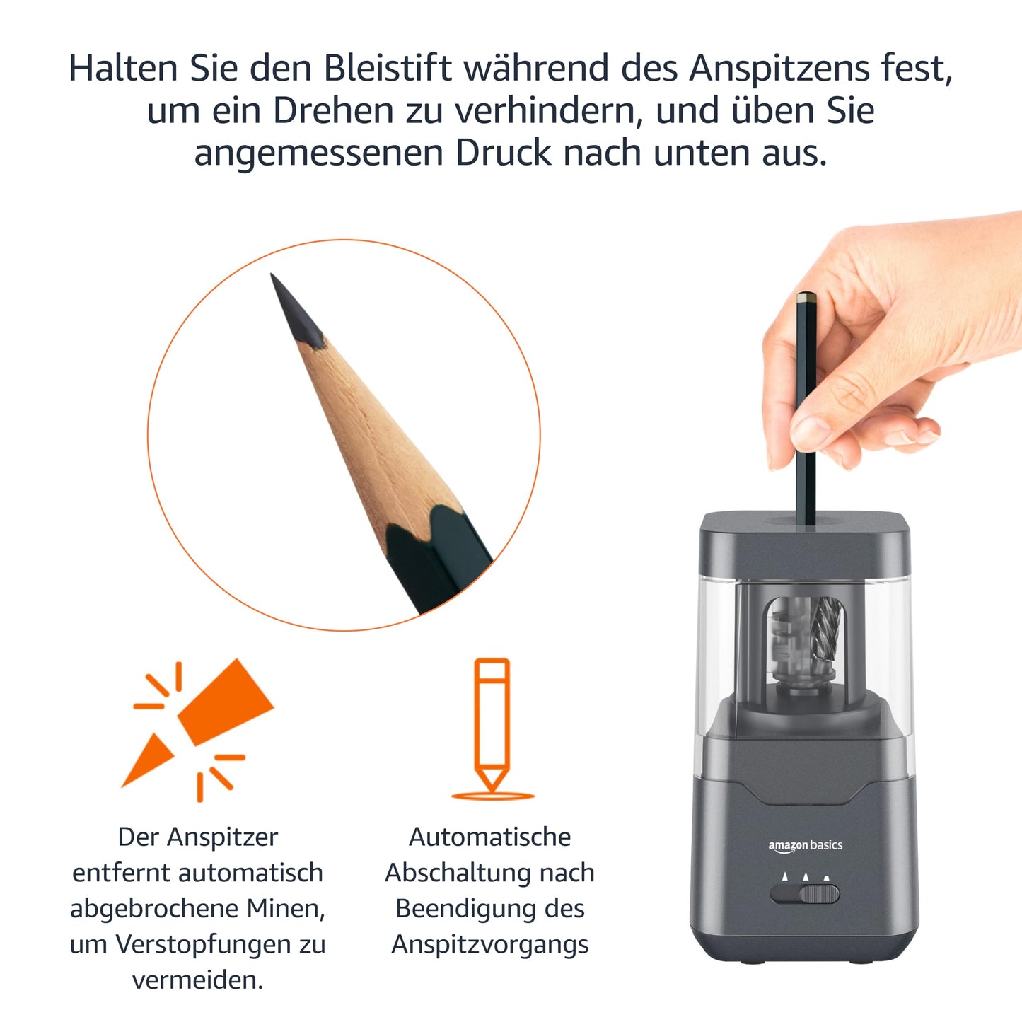Amazon Basics Portable Electric Pencil Sharpener, spiral blade, automatic stop, battery/USB-powered, Black, 7.1 x 7.1 x 13.46 cm