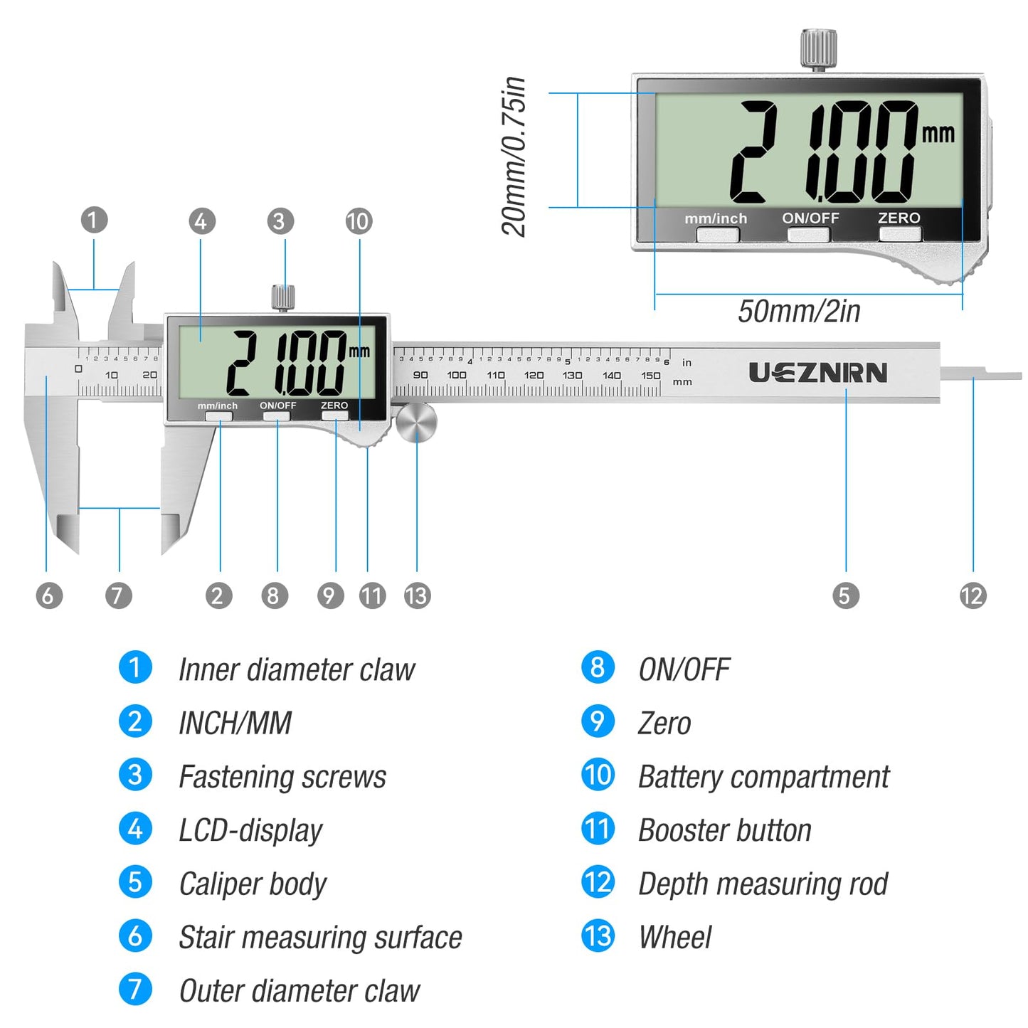 Digital caliper with large LCD screen, digital caliper with splash and dust protection, caliper with spare battery and storage box (silver)