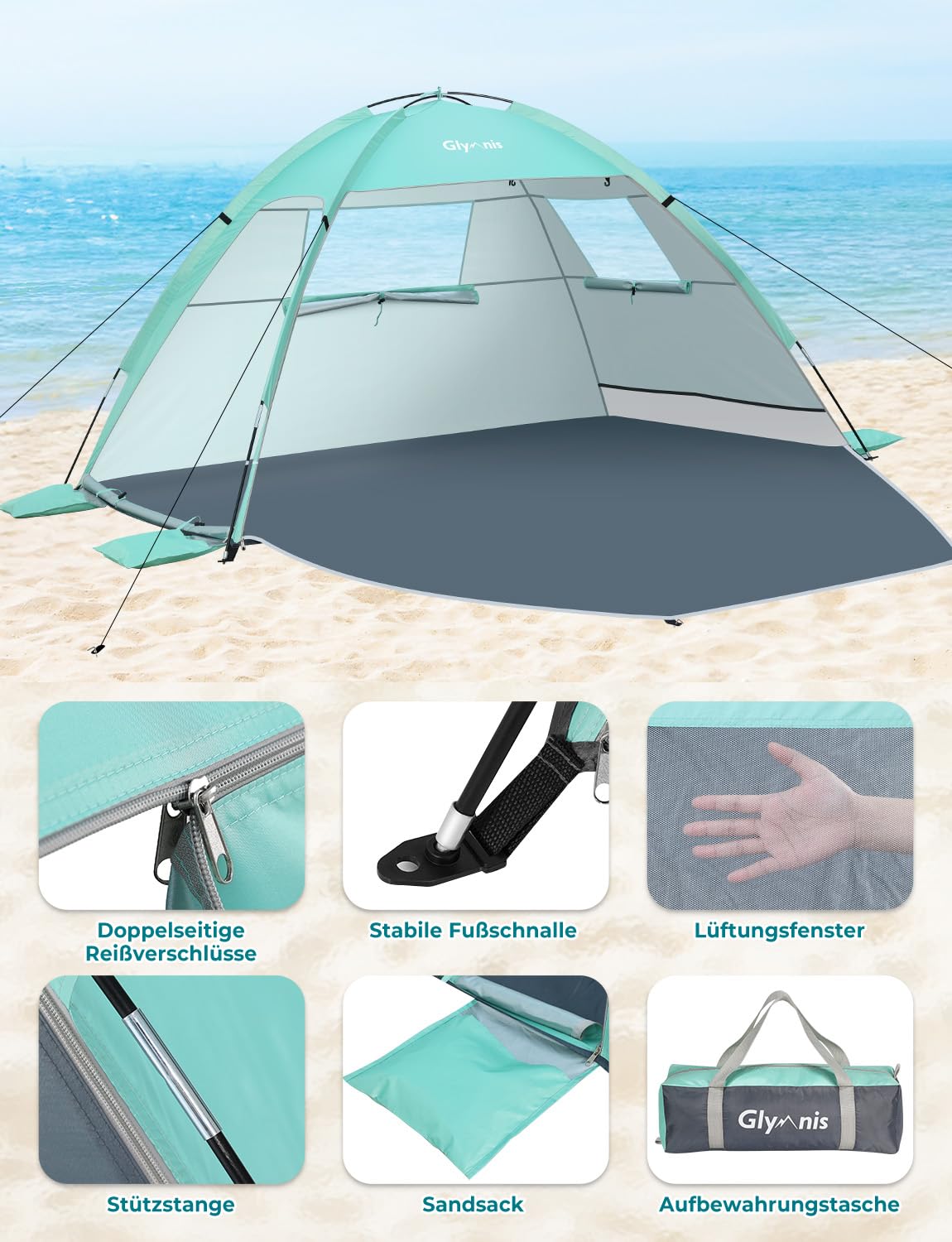 Glymnis beach tent with 2 zippered doors, UV protection UPF50+, windproof, compact size for 2-3 people.