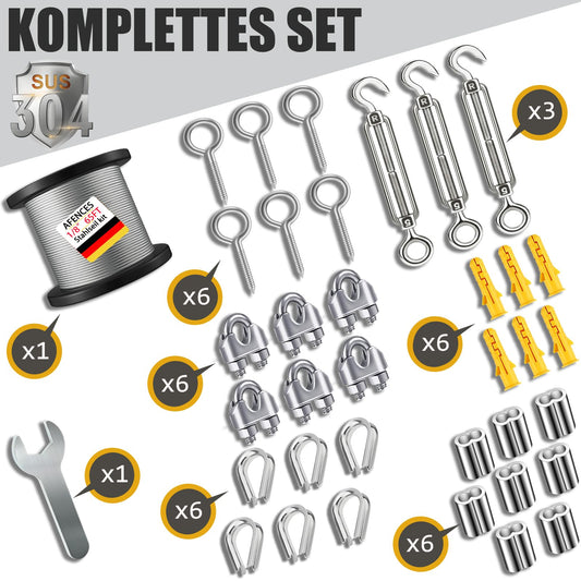 20m stainless steel rope 3mm coated + M5 tensioning system with eye hook | Weatherproof wire rope for plant climbers, decoration & laundry drying (3mm 20m stainless steel rope)