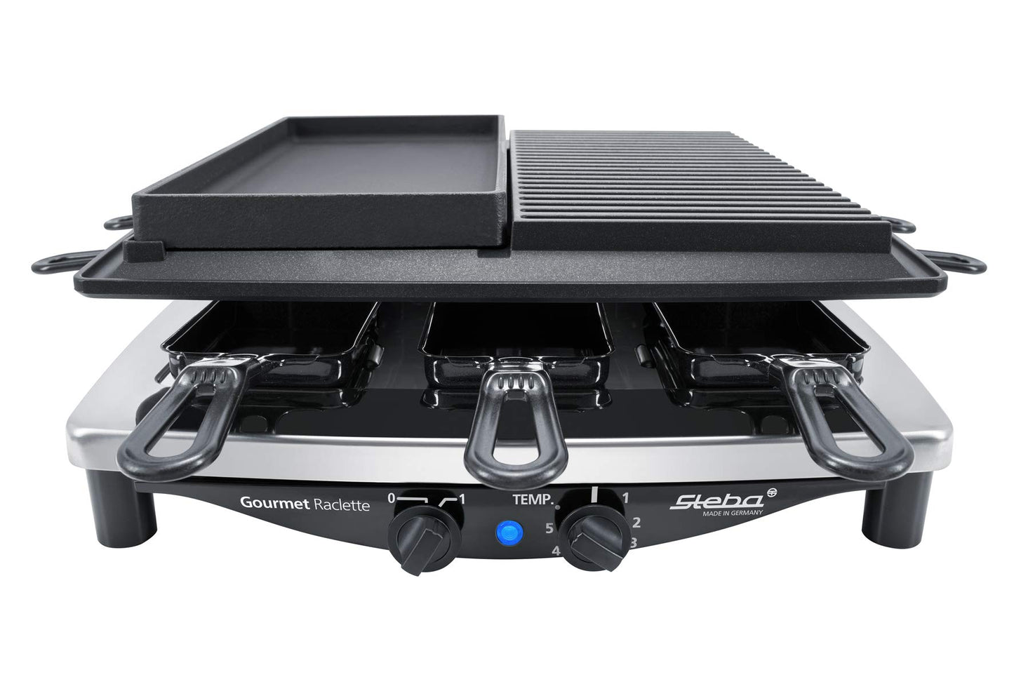 Steba Premium Raclette RC 4 Plus Deluxe Chrome | Made IN Germany | Non-stick die-cast grill plate | Natural stone grill plate, cut and scratch resistant | Includes reversible cast pan with smooth surface.
