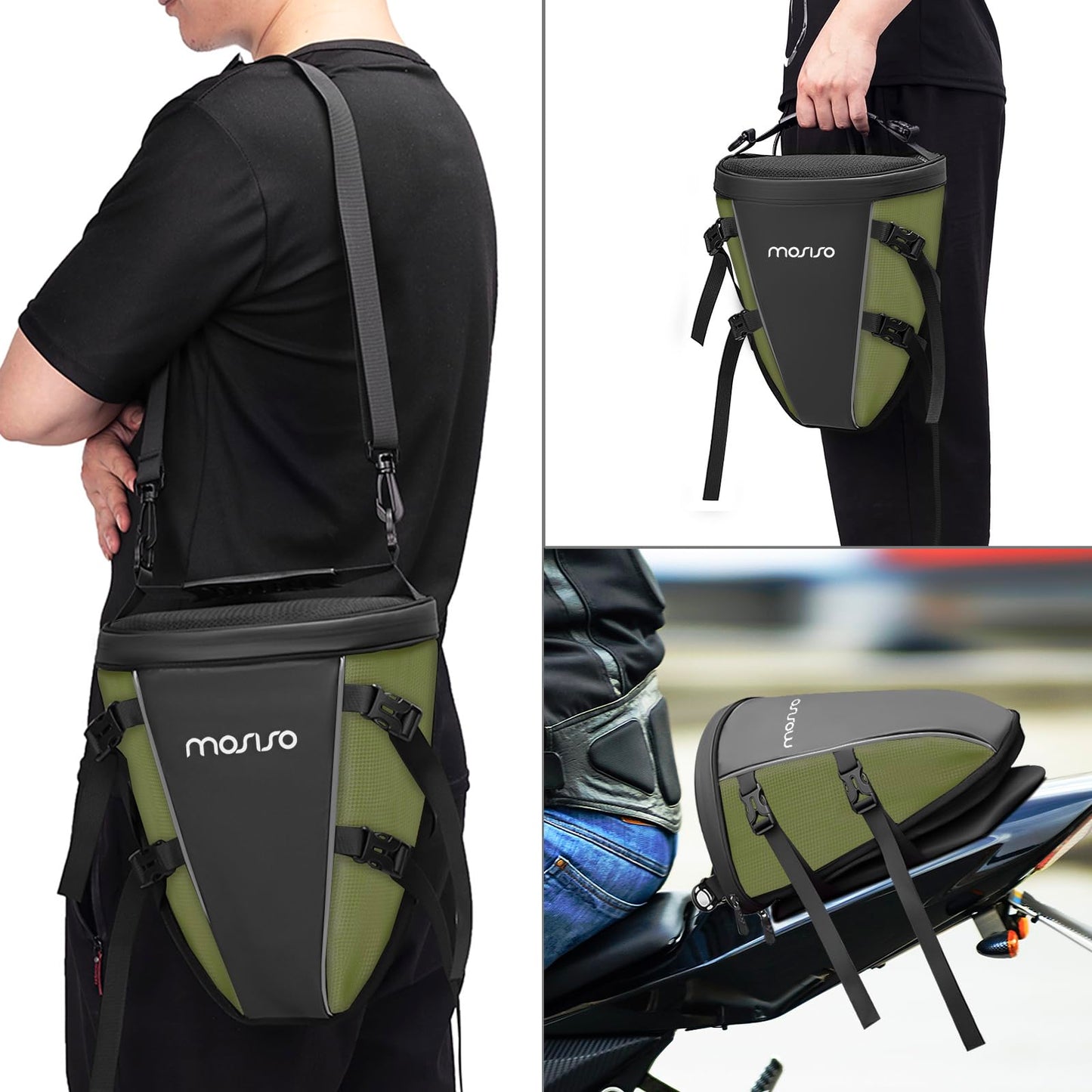 MOSISO Motorcycle Tail Bag, Multifunctional Waterproof Polyester Storage Saddle Bag, 10L Outdoor Sport Motorcycle Rear Seat Lightweight Tank Bag Tool Bag with Shoulder Strap, Army Green.