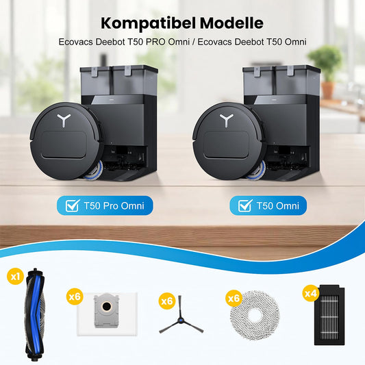 24 pieces of accessories for Ecovacs Deebot T50 PRO Omni/T50 Omni robot vacuum, includes 1 main brush, 6 mop cloths, 6 dust bags, 4 filters, 6 side brushes, and 1 cleaning brush.