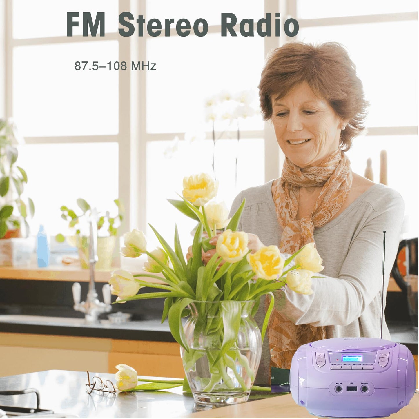 Portable CD Player for Kids - Radio CD Boombox with Bluetooth, FM Radio, USB Input & AUX Connection & Headphone Jack, CD Player for home or on the go (Light Purple)