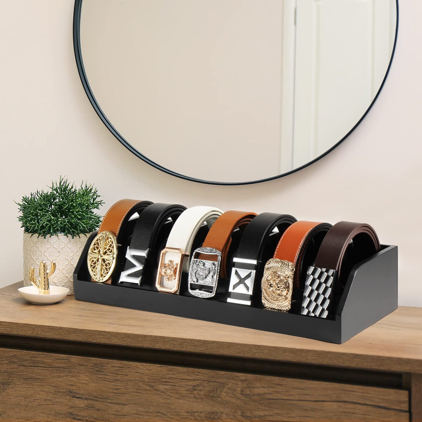 B4Life Belt Storage, 7 Compartment Belt Holder for Men, Bamboo Belt Display Rack for Closet and Drawer, Belt Showcase, Belt Organizer for Wall Belt Hanger (Black)