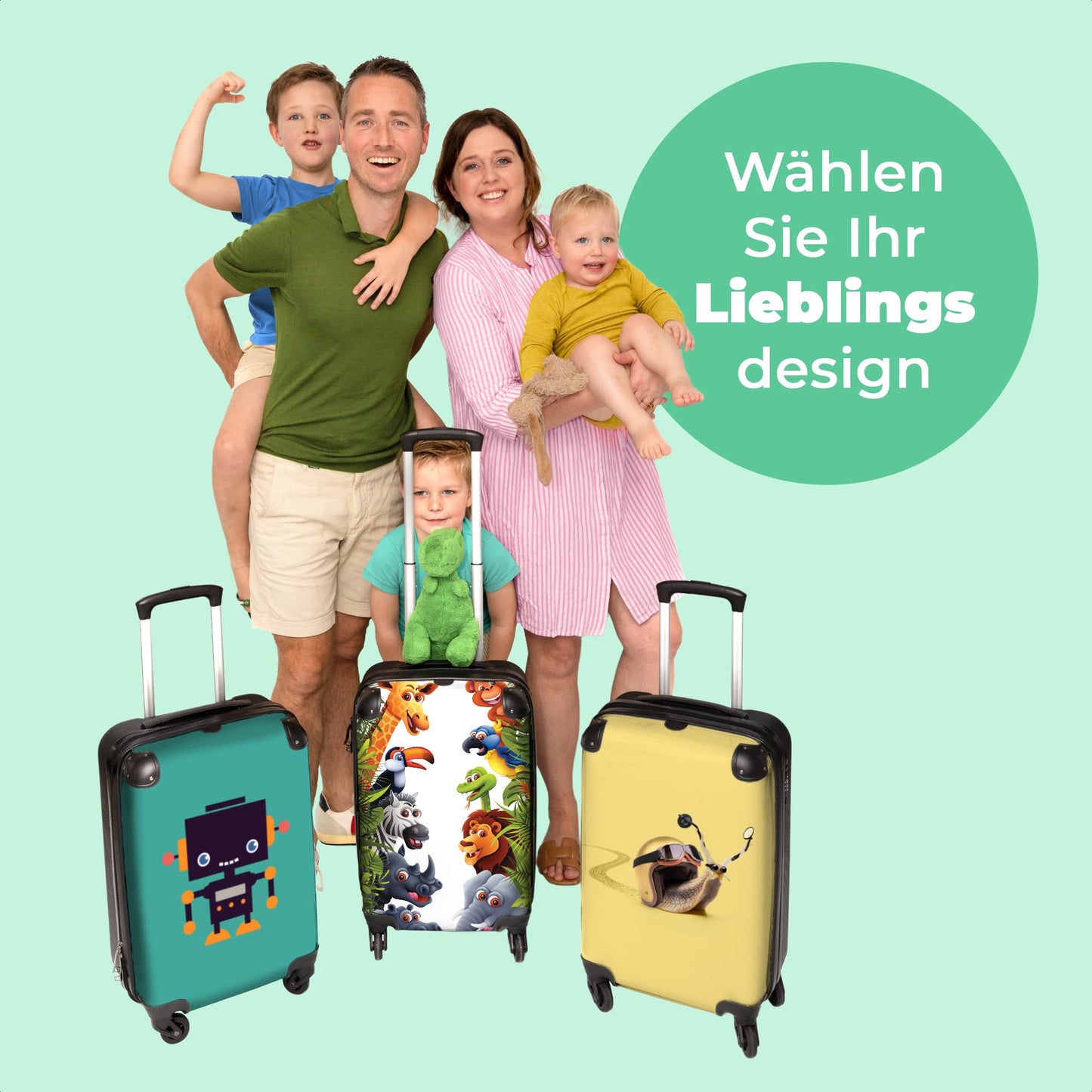 NoBoringSuitcases.com® Kids Suitcase Children's Trolley Carry-On Luggage Small Travel Case with Wheels Gift - Animals - Green - Jungle - Kids Luggage Small suitcase, 55x40x20