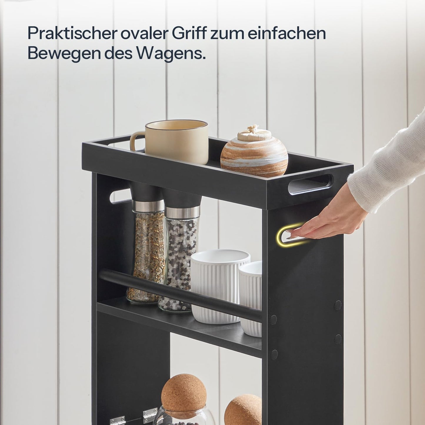 HOOBRO 4-tier Slim Serving Cart, Kitchen Cart made of bamboo, Kitchen Shelf with 360° Rotatable Wheels and Rails, for Small Spaces in Bathrooms, Bedrooms, Laundry Rooms, Black EBB40TC01N1