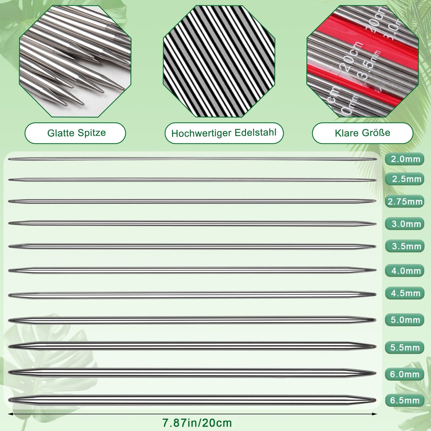 Coopay Knitting Needle Set - 55 Pieces Stainless Steel Double Pointed with Yarn, Knitting Accessories, and Bag, 20 cm Needle Set 2.0-6.5 mm for Socks, Abundant Gift