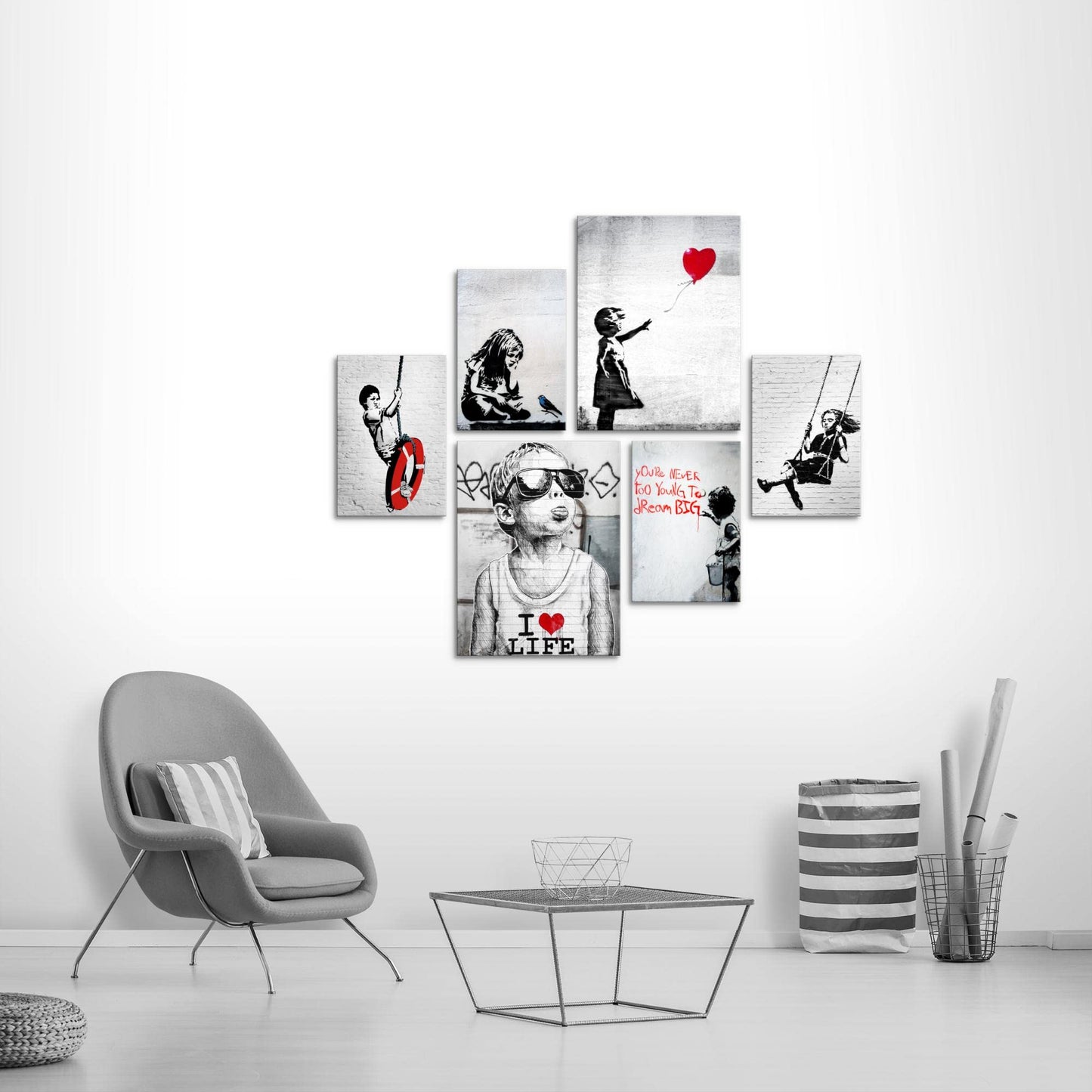 Novart Wall Art Set Banksy Collage Street Art Gray - NO EXTRA FRAME NEEDED - Modern Decor - Living Room Office Loft N003163a
