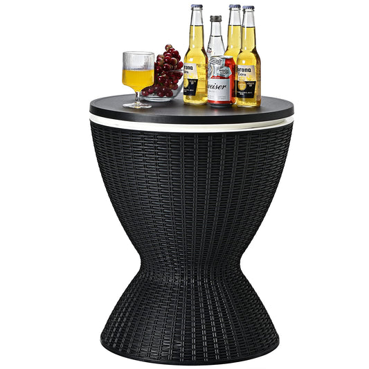 GIANTEX Cooler/ Side Table made of polyrattan, 30 L capacity Cool Stool in rattan look, cooler with lid & drainage hole, adjustable height garden table (Black)