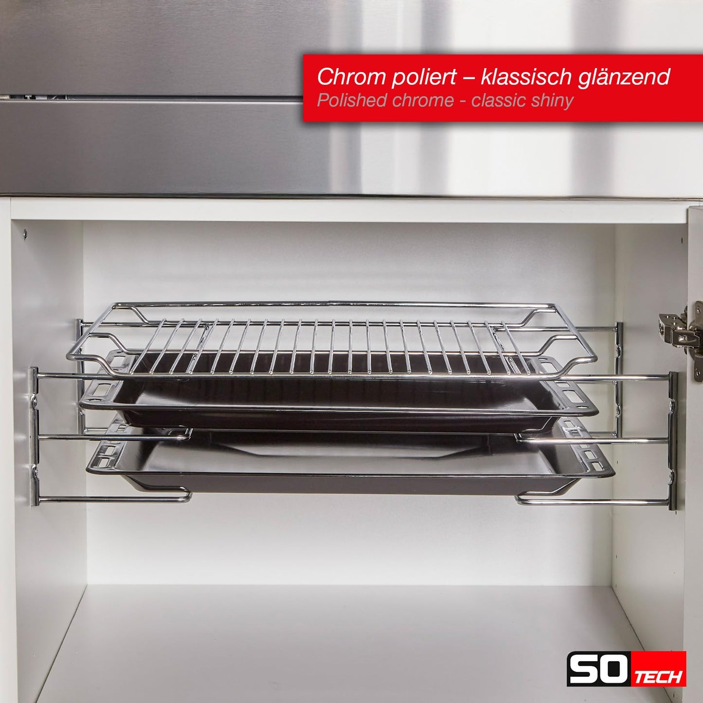 SOTECH baking tray holder for 3 baking trays (364 x 140 x 125 mm, polished chrome, for 600 mm cabinet width) grid shelf mounting - keeping things organized easily.