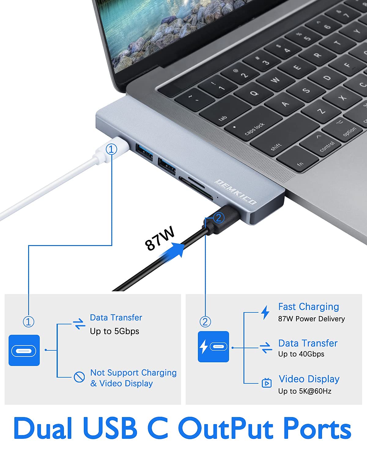 7 IN 2 USB C Hub for MacBook Pro MacBook Air, DEMKICO USB C Dock, MacBook Pro Adapter with 4K HDMI, USB 3.0 & USB 2.0 ports, SD/TF card reader, Thunderbolt 3 (87W PD), and USB C Female Port.