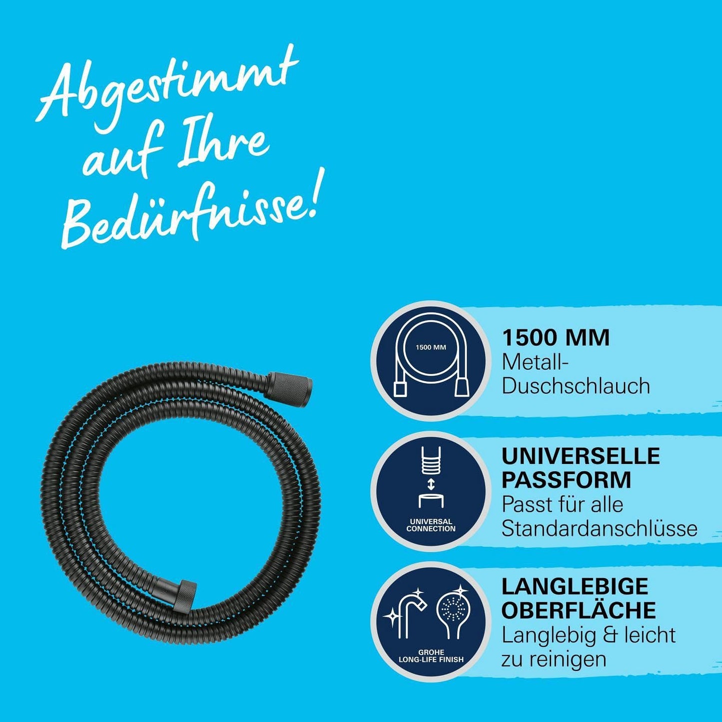 GROHE Vitalioflex - Metal shower hose (1500 mm, reinforced design, kink-resistant, heat-resistant), matte black, 27502KS1