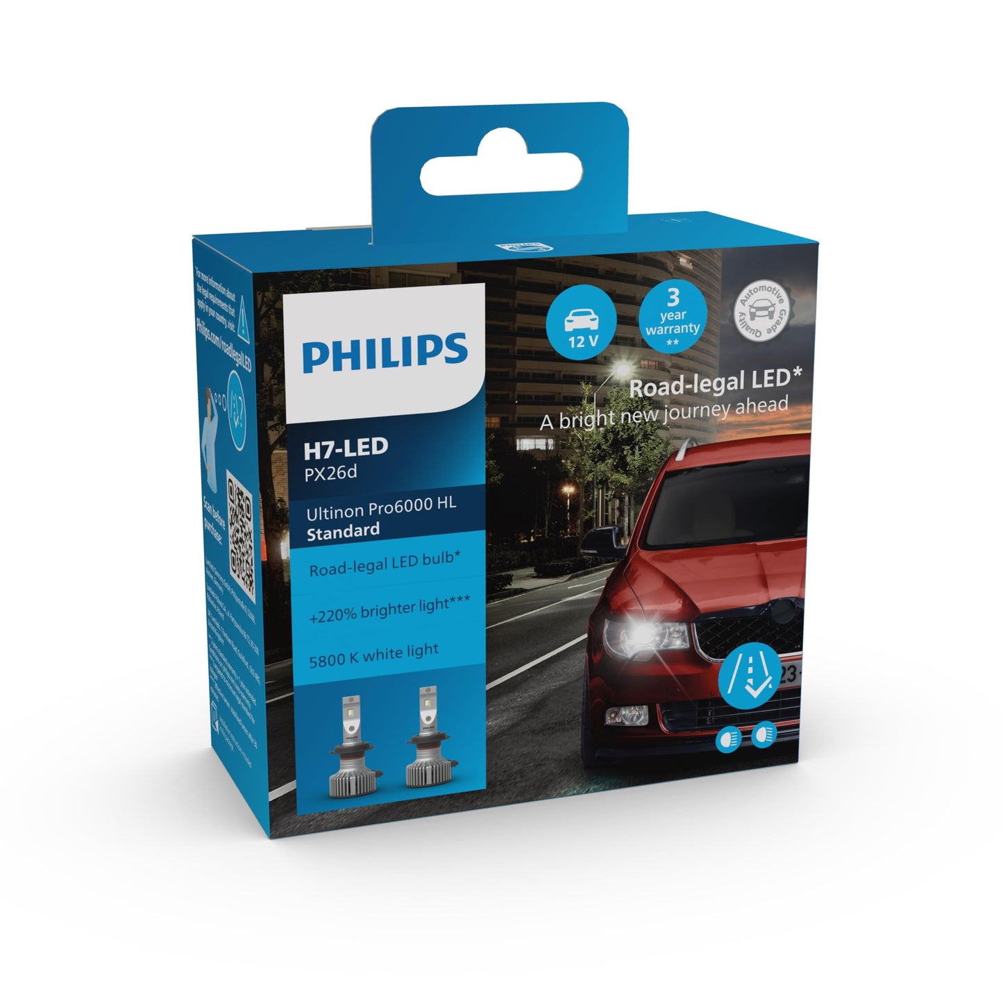 Philips Ultinon Pro6000 Standard H7 LED headlight bulb with road approval*, +220% brighter light**