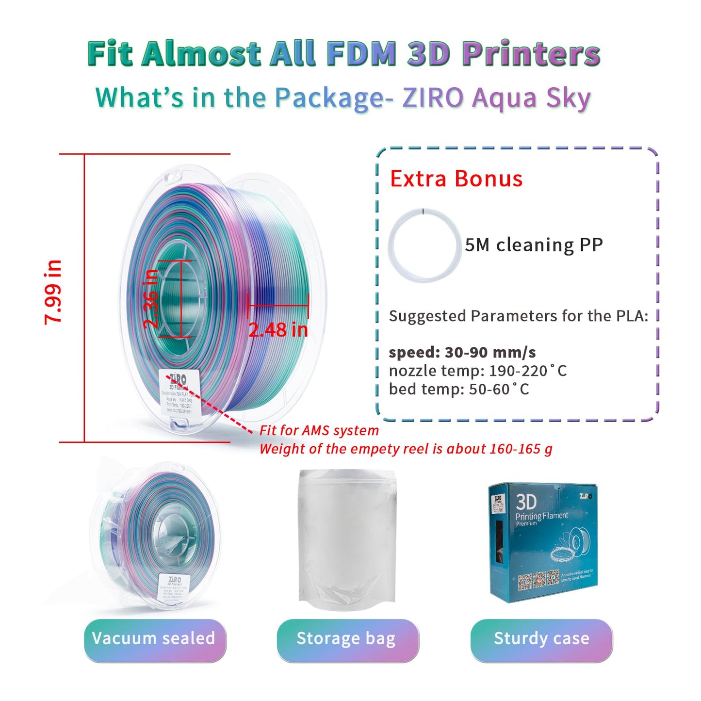 ZIRO Silk Multicolor 3D Printer Filament, Silk Rainbow PLA Filament 1.75mm, Fast Gradient PLA 1kg for Most 3D Printers, Dimensional Accuracy +/-0.03mm, Aqua Sky