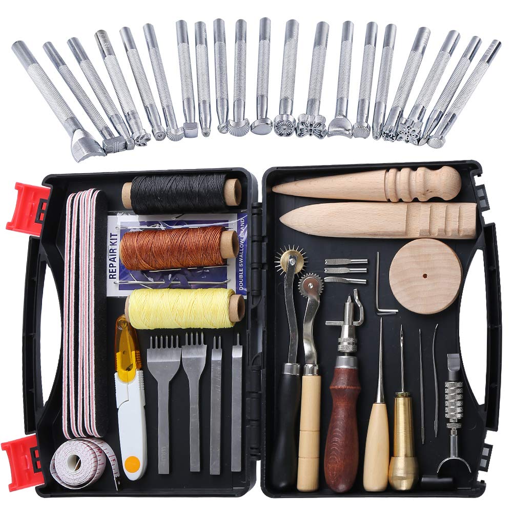 50 pieces Leather Tools and Accessories Set, Leather Tool Set with Storage Box, Leather Groover Stamp Perfect for Crafting Sewing Cutting