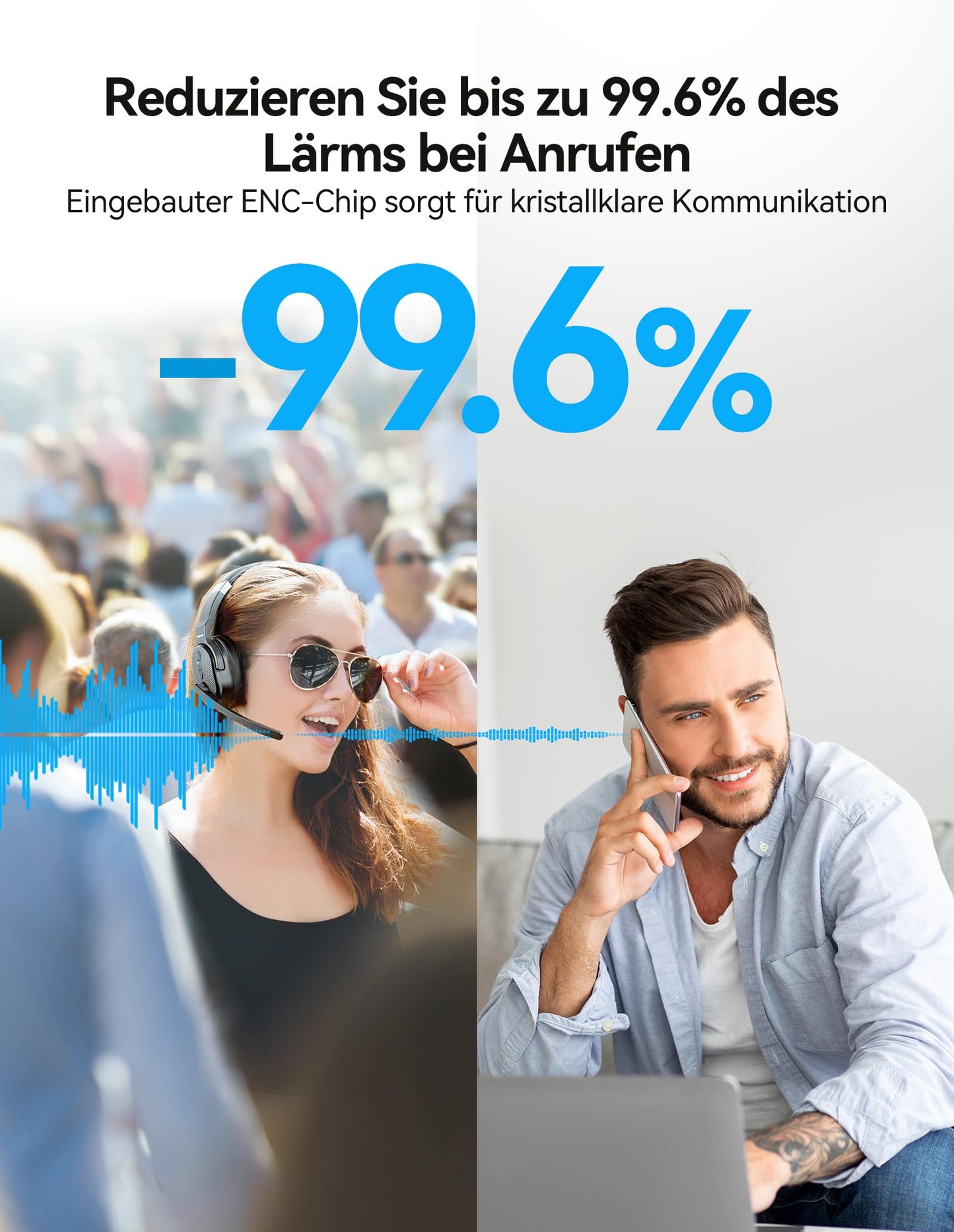 TECKNET Bluetooth headset with microphone, noise cancelling single and dual over-ear headset wireless with USB dongle, 3 EQ music modes, wireless PC headphones for office, home, Zoom, Microsoft Teams.