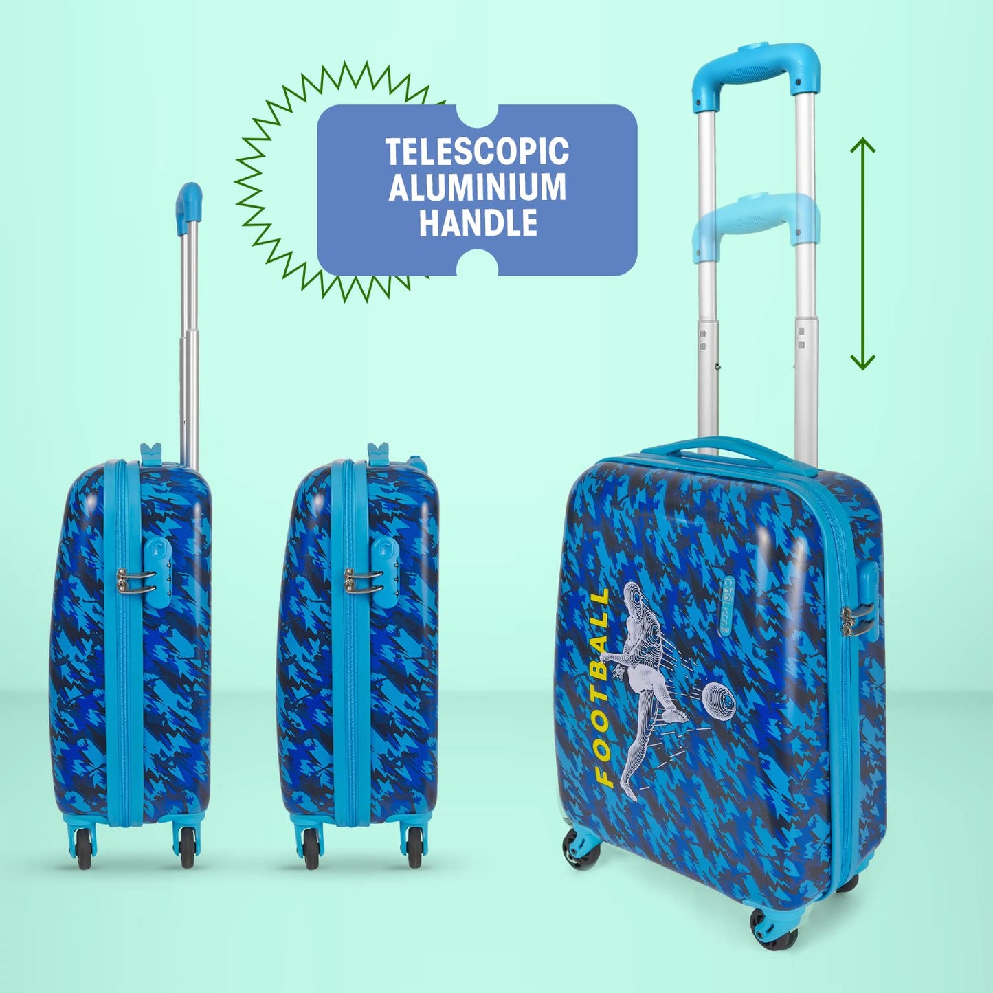 PERLETTI Blue Kids Suitcase Soccer Player - Children's Trolley Hand Luggage Lightweight 4 Wheels and Combination Lock - Hard Shell Cabin Bag Cabin Trolley Boy - Suitcase Lufthansa Ryanair 51x35x20 cm (Soccer, XS)