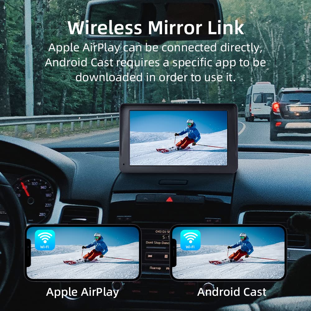 Wireless CarPlay & Android Auto, 7-inch Carplay display with 2K front camera, 1080P rear camera, Bluetooth, Mirror Link, FM, AUX, TF card.