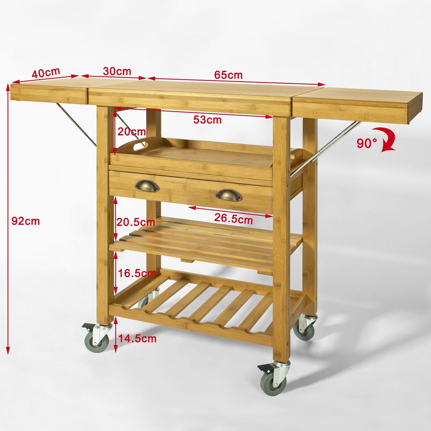 SoBuy bamboo kitchen trolley with wheels - kitchen cart with worktop, wooden side table with foldable shelf, kitchen trolley - ideal as a kitchen island in industrial design 135x92x37cm FKW25-N.