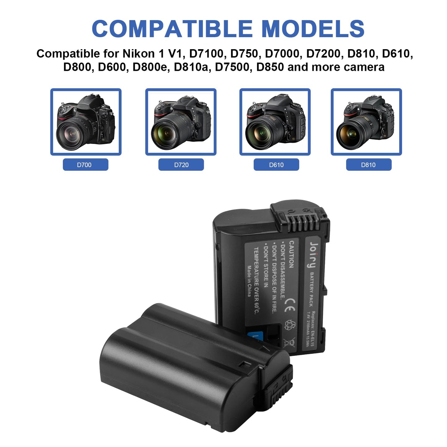 2X EN-EL15 EN-EL15A Battery Replacement Compatible with Nikon d750 d7200 d7100 d800 d850 d810 d610 d500 and More