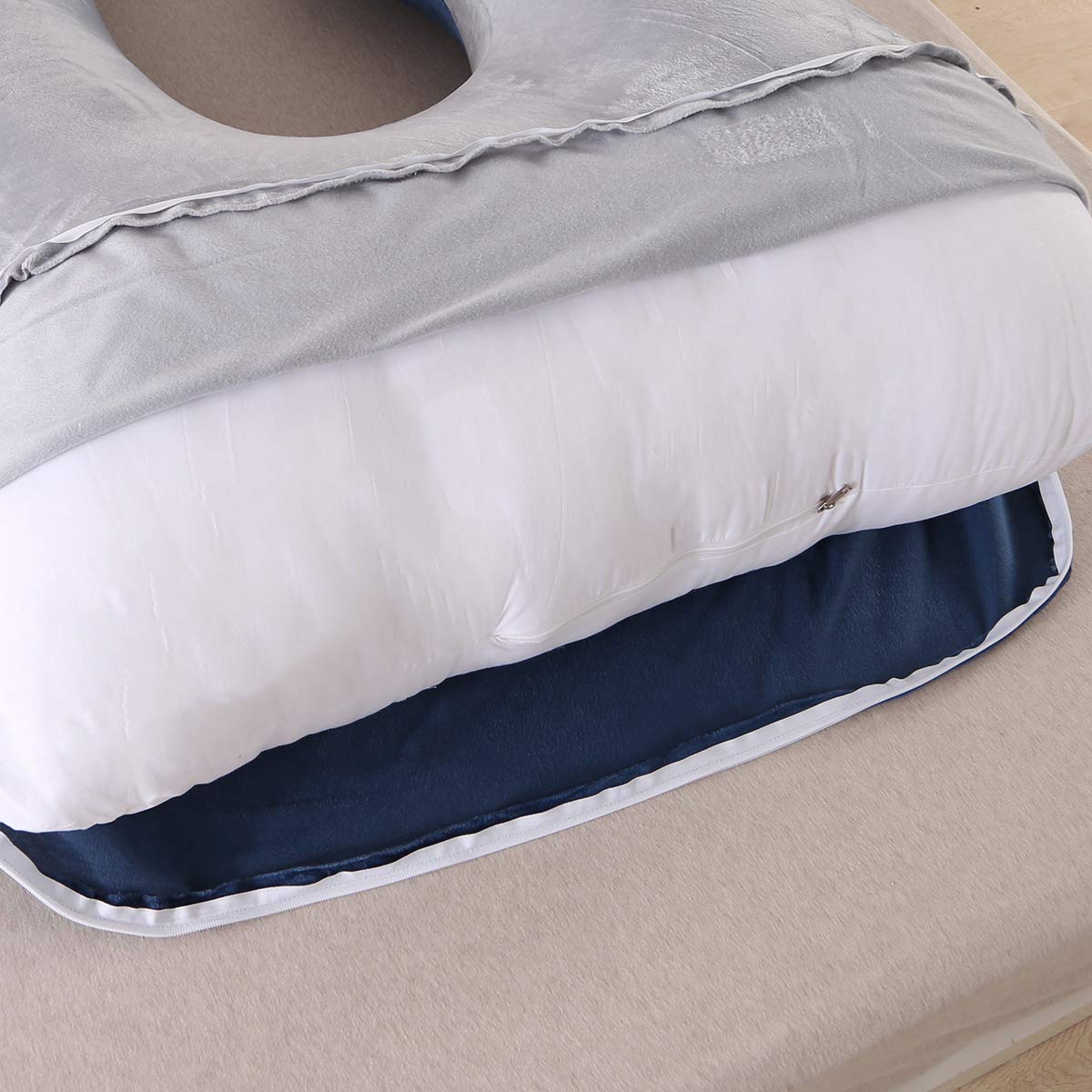ShowyLive Pregnancy Pillow 145x70cm J-shaped Full Body Pillow Maternity Body Pillow for Sleeping with Removable and Washable Cover Sleep and Feed (gray+blue, Velvet)