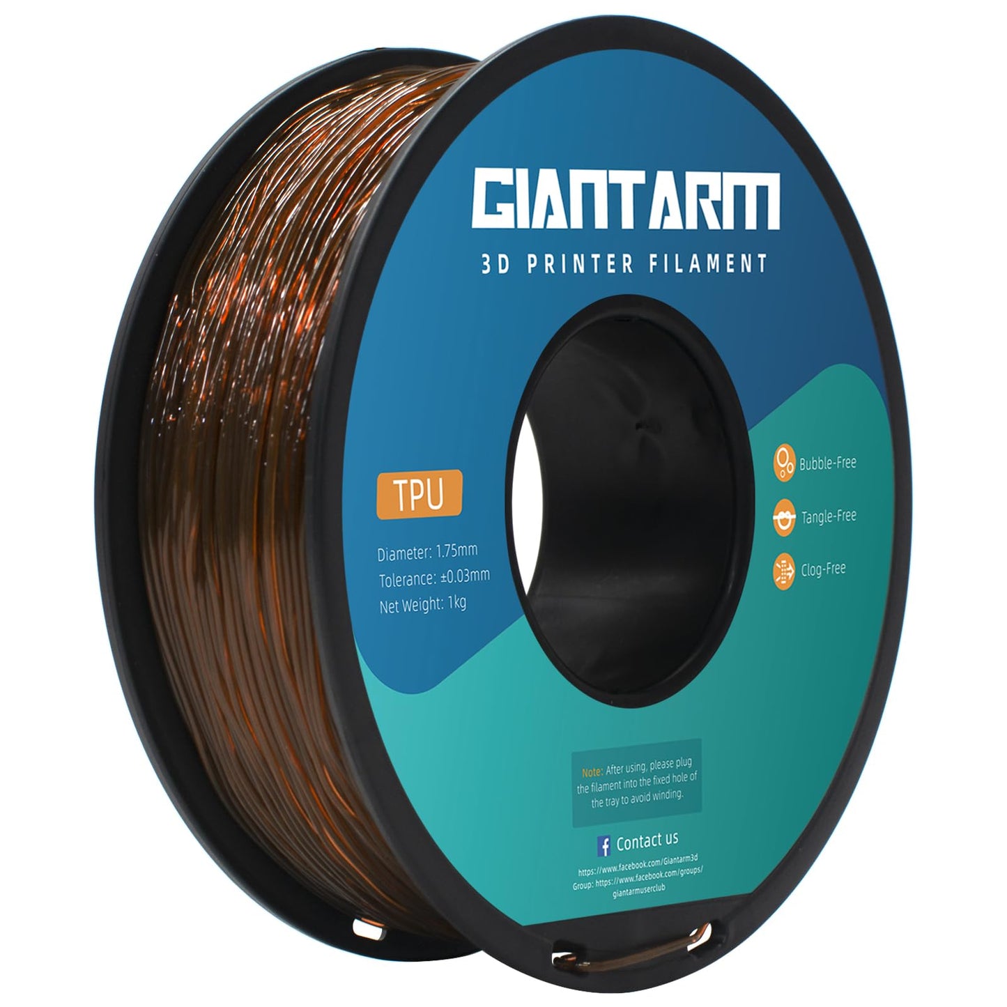 GIANTARM TPU filament 1.75mm for 3D printers 1kg, Transparent Brown
