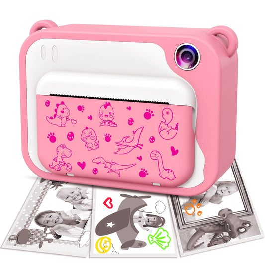 Children's camera, digital camera, instant print camera, 1080P, 2.4-inch screen, video camera, black and white film camera with 32GB card, 3 rolls of printing paper, 5 colored brush pens. A gift for children aged 3-12 years.