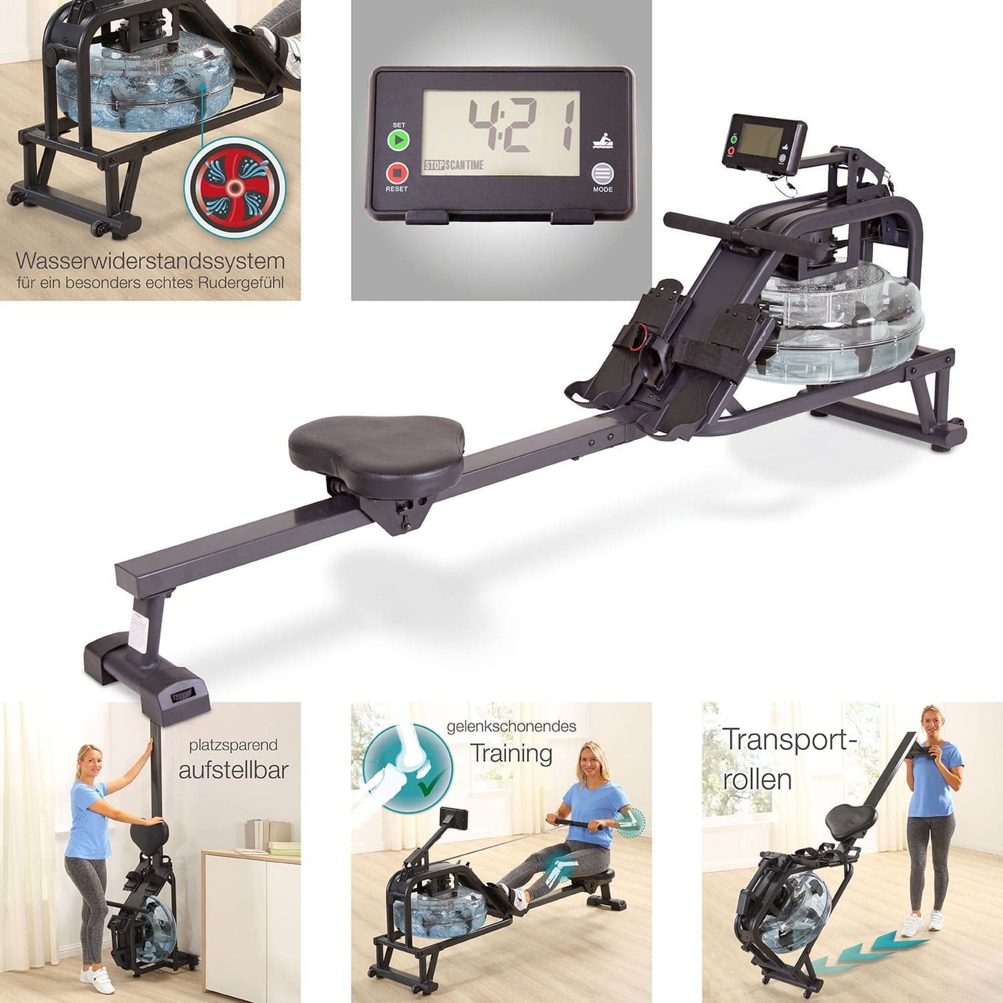 maxVitalis rowing machine water, rowing machine with water resistance, home rowing machine, space-saving and authentic rowing feel