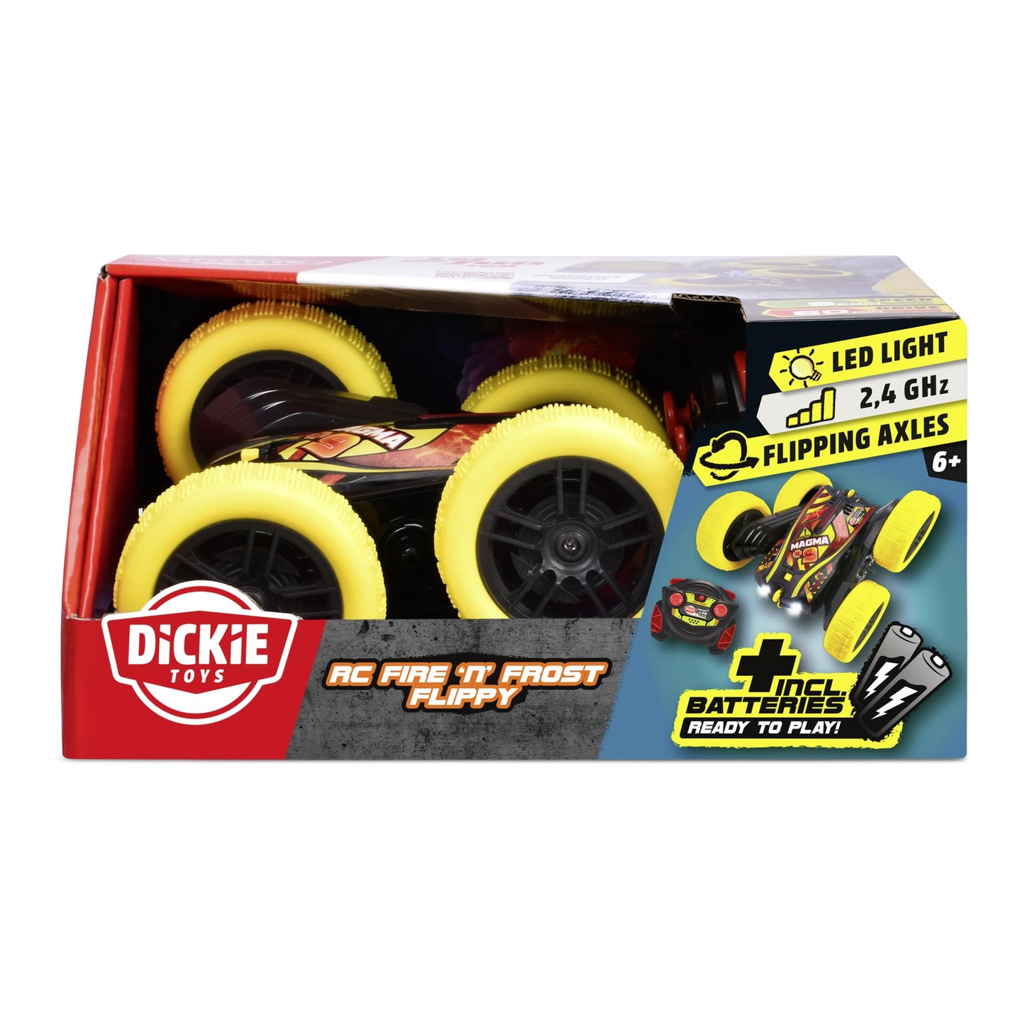 Dickie Toys - RC Car Fire 'n' Frost Flippy (16 cm) - remote controlled car for ages 6 and up with 360° flips and lights, RC car for kids, 8 km/h, 2.4 GHz remote control, batteries included.