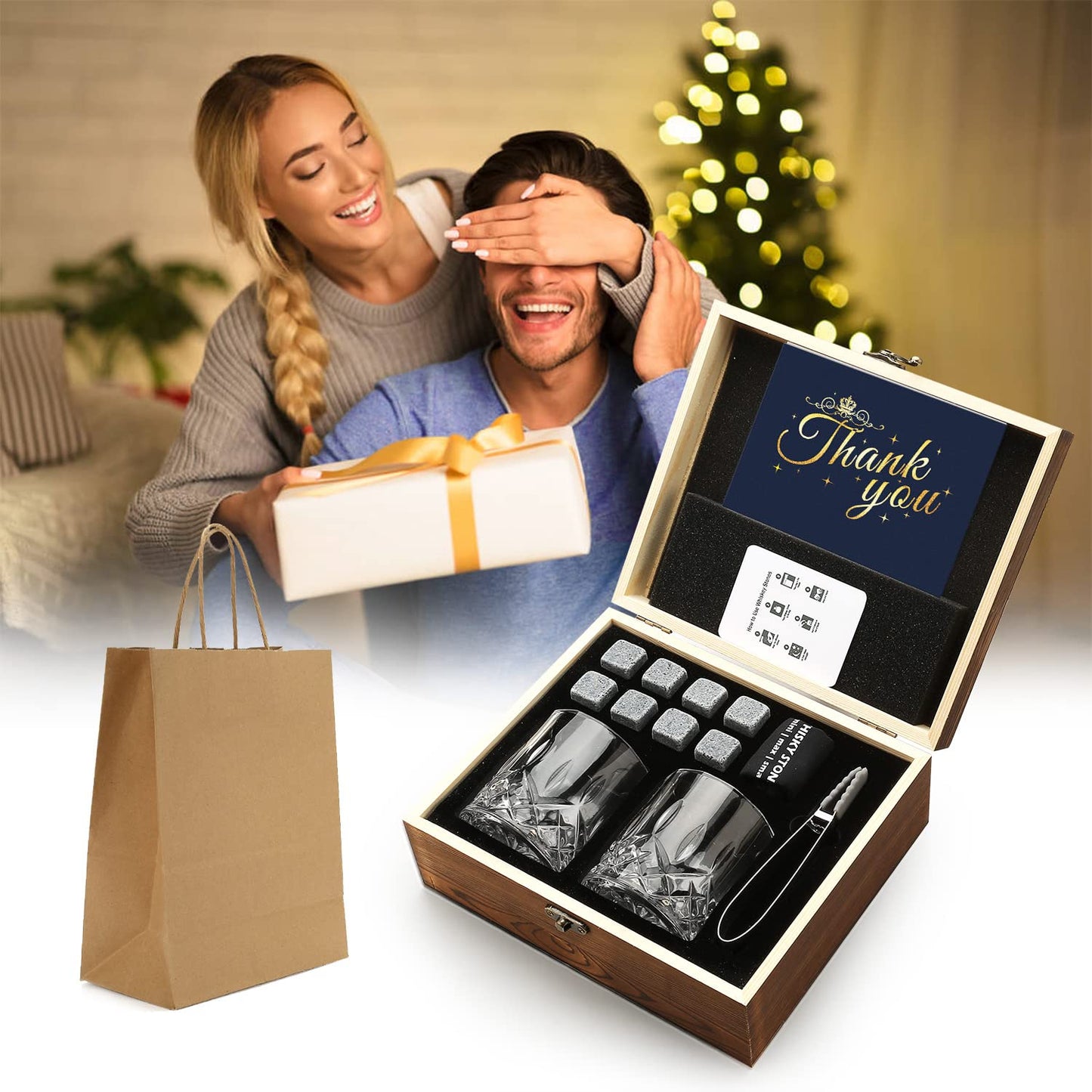 Whiskey Glass Gift Set, Whiskey Stones, Whiskey Gift Sets for Men, 8 Whiskey Stones 2 Crystal Whiskey Glasses Wooden Box Gift, Birthday Gifts for Men, Dad, Husband Valentine's Day (Round)