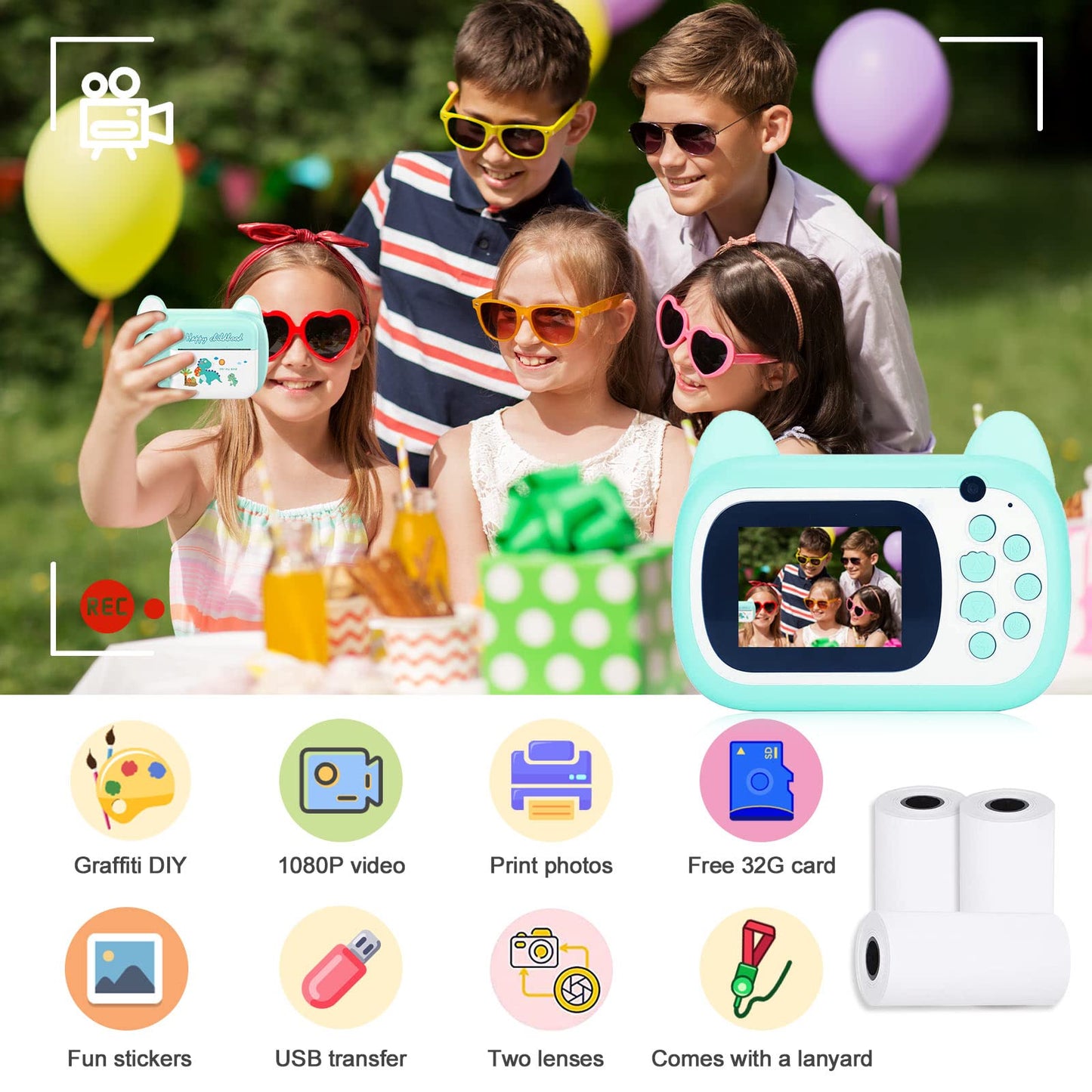 SUPBRO Kids Camera, Selfie Camera with 2.4-inch Big Screen 1080P HD Instant Print Camera 32GB Digital Camera for 3-12 Year Olds Birthday Gift